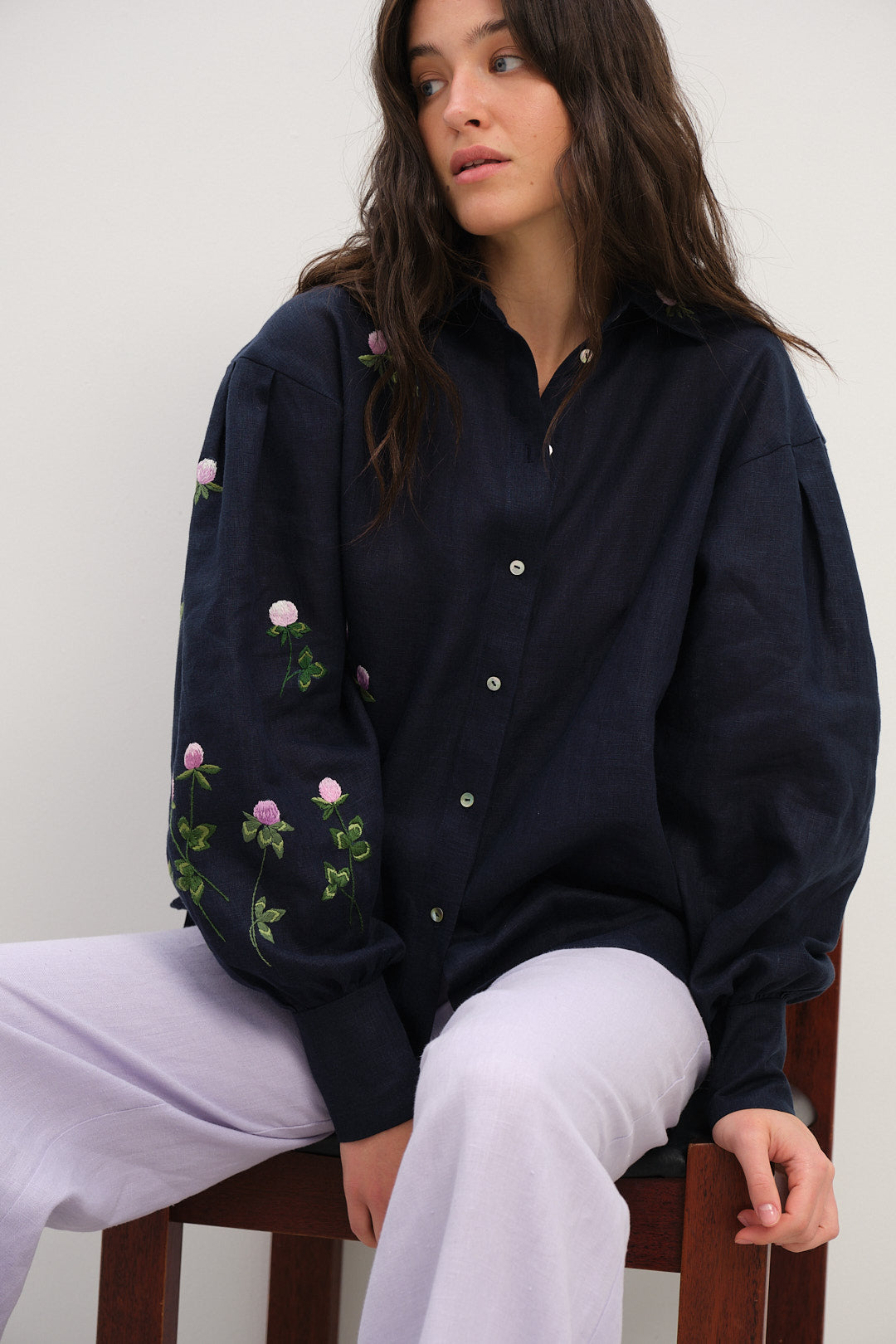 Dark Blue Linen Shirt with Puffy Sleeves and Hand-Embroidered Clover