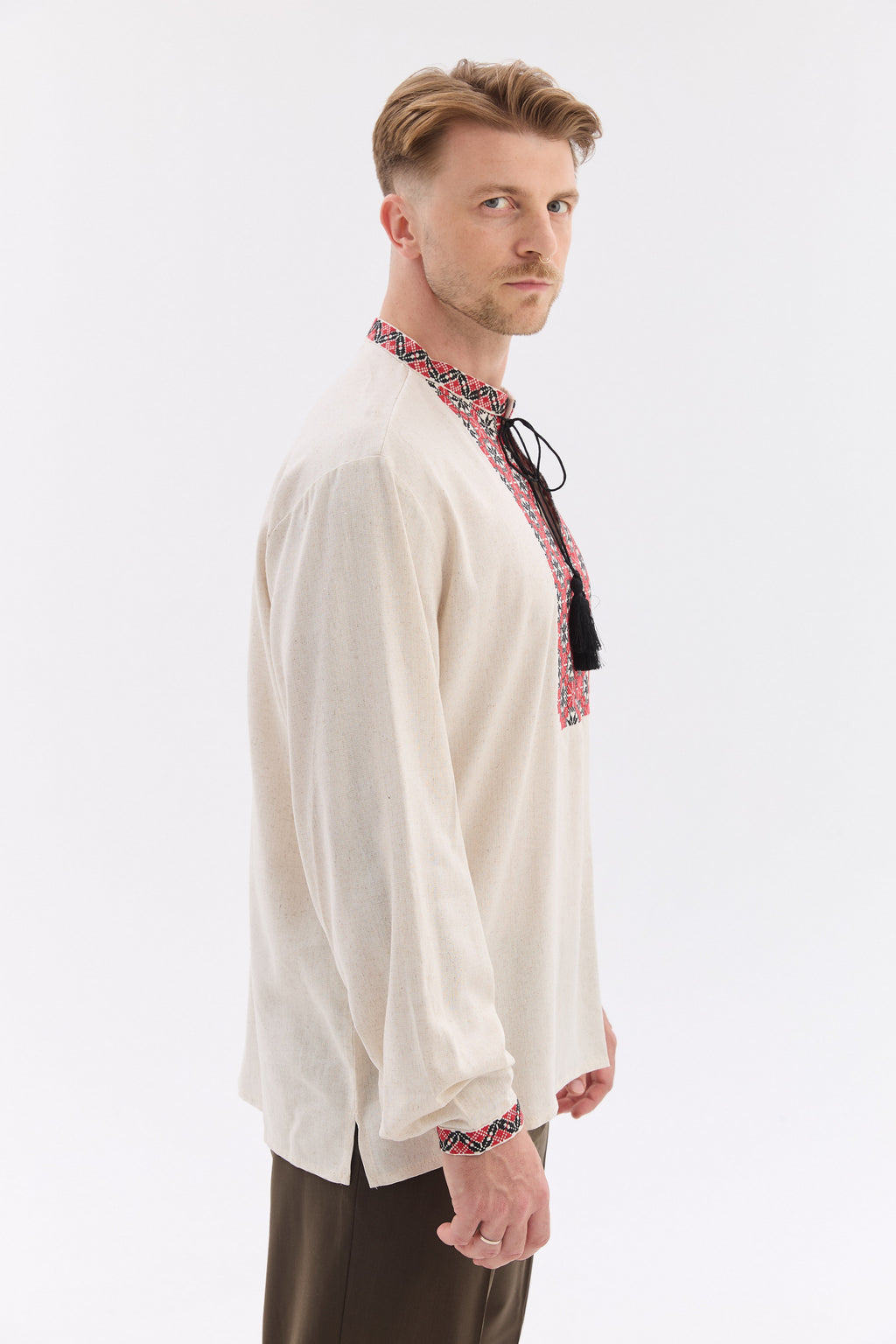 Men’s Embroidered Shirt with Traditional Red & Black Ornament