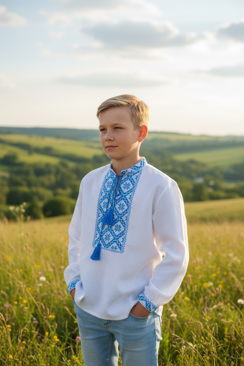 Boys White Vyshyvanka Cotton Long Sleeve In Ukrainian Traditions
