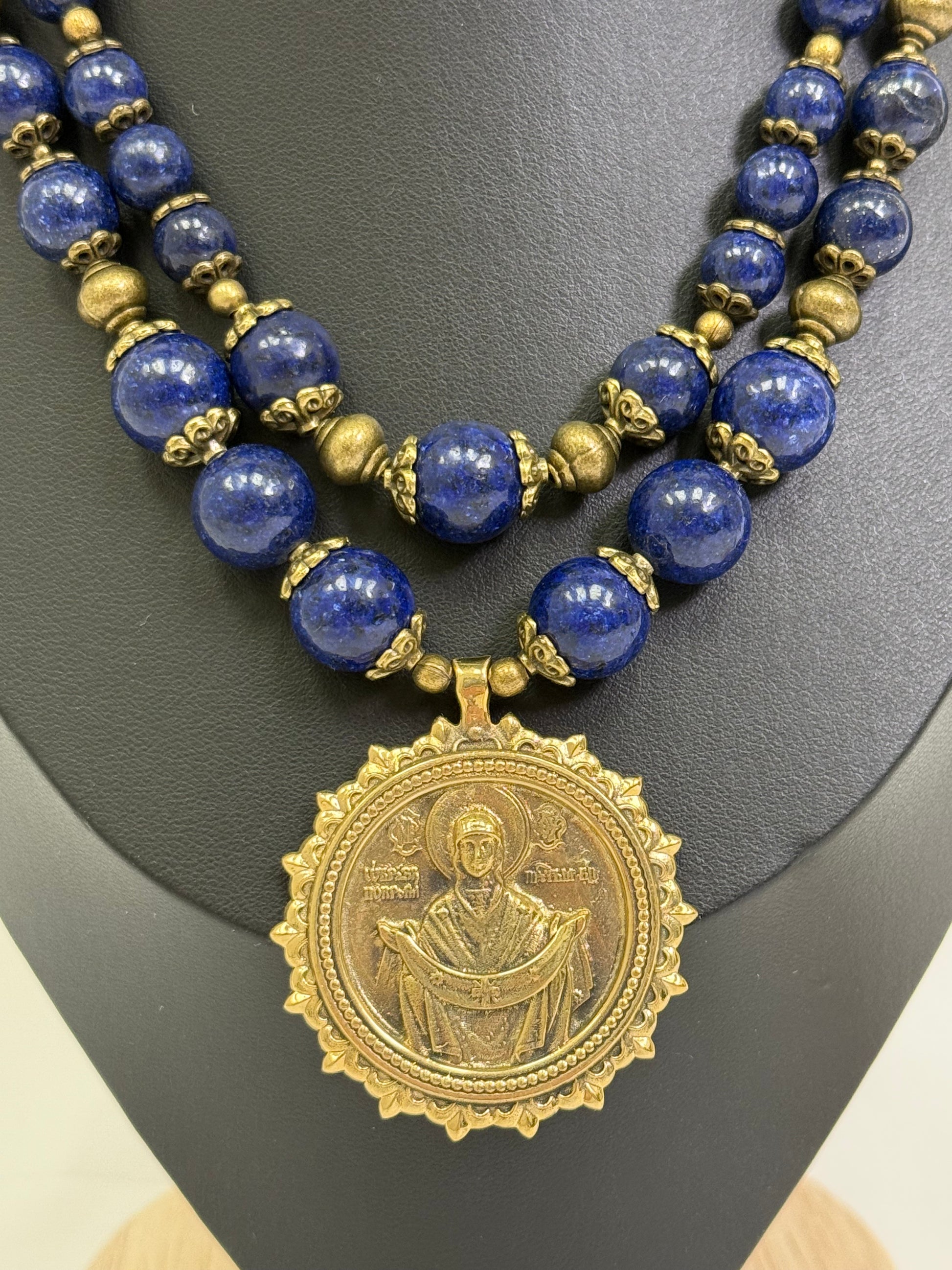 Natural Blue Stone Necklace with a Brass Pendant of the "Pokrovy Bohorodytsy"