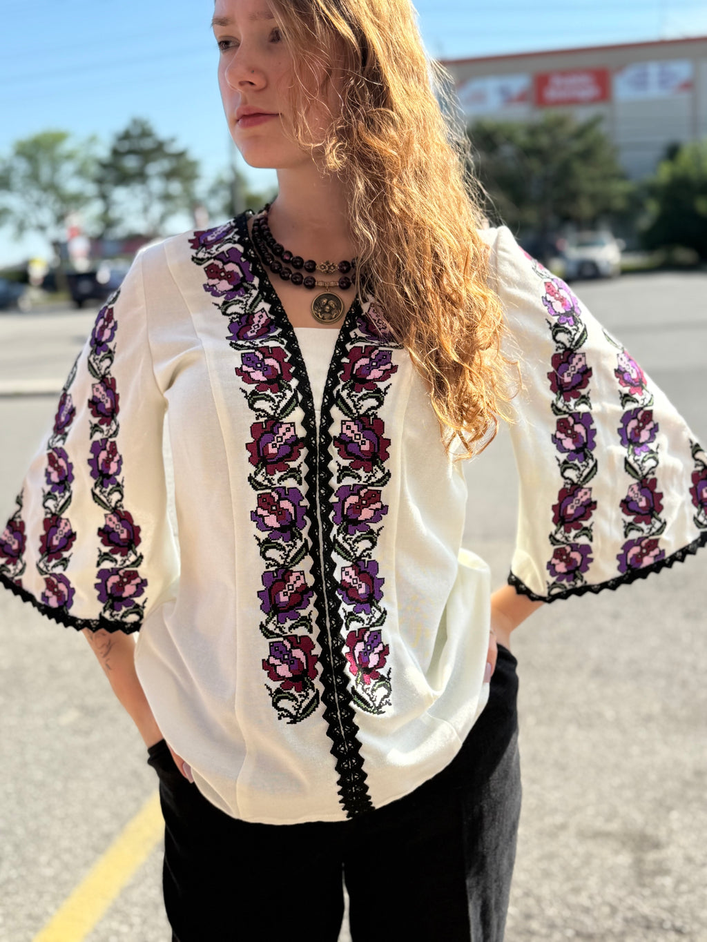 Women’s Embroidered Shirt "Tulips" – Cream Ukrainian Vyshyvanka with 3/4 Flared Sleeves