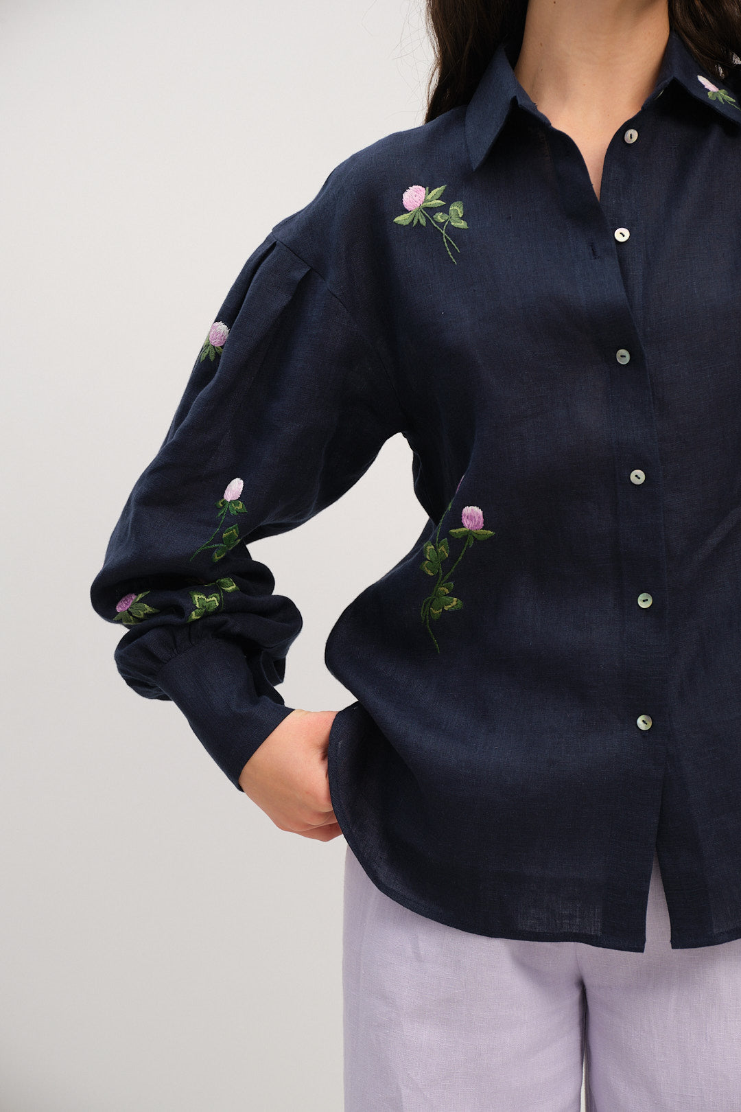 Dark Blue Linen Shirt with Puffy Sleeves and Hand-Embroidered Clover