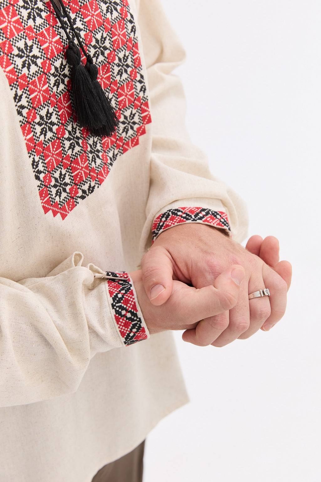 Men’s Embroidered Shirt with Traditional Red & Black Ornament