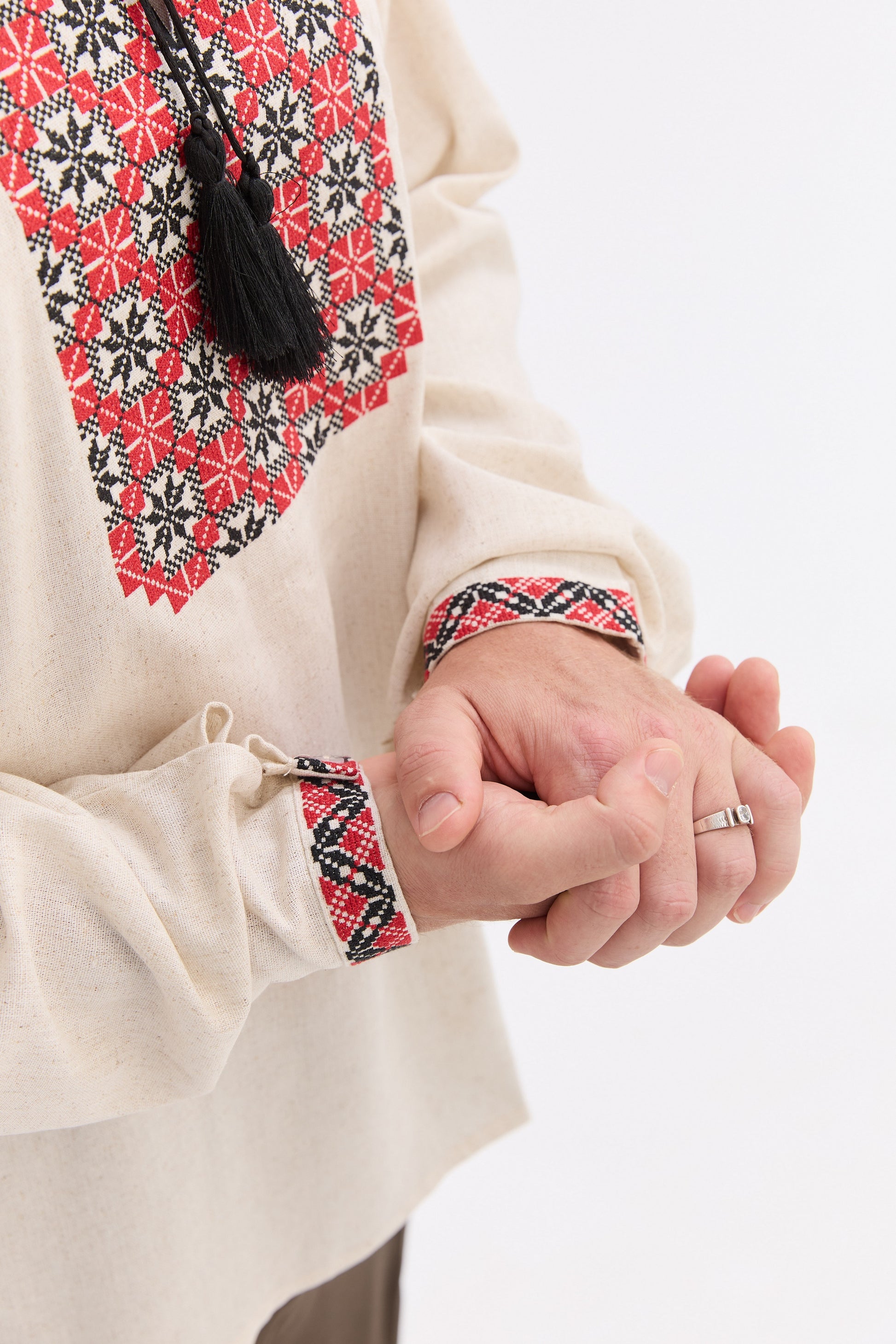 Men’s Embroidered Shirt with Traditional Red & Black Ornament