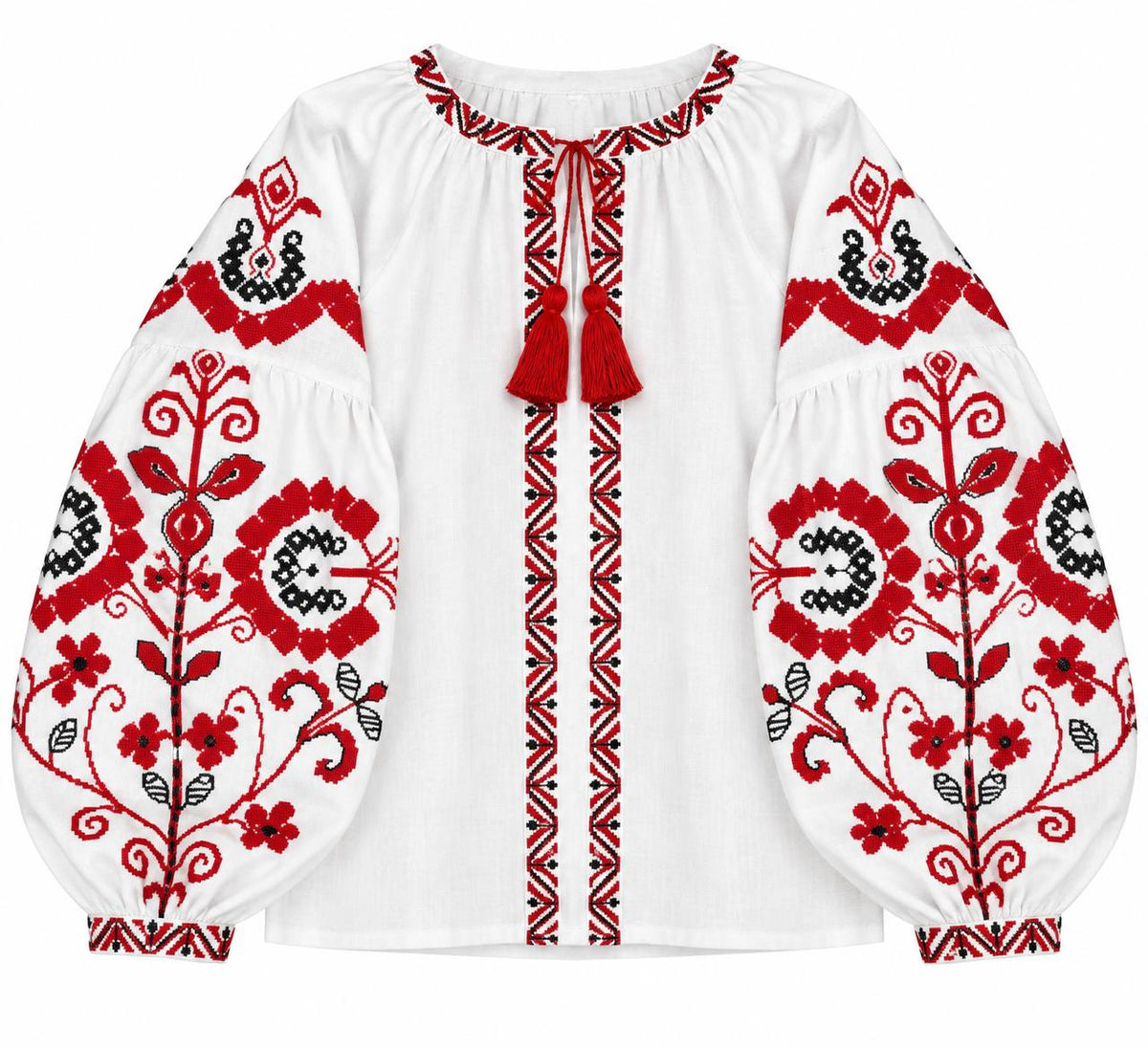Women's White Ukrainian Embroidered Blouse – Red & Black Floral Embroidery