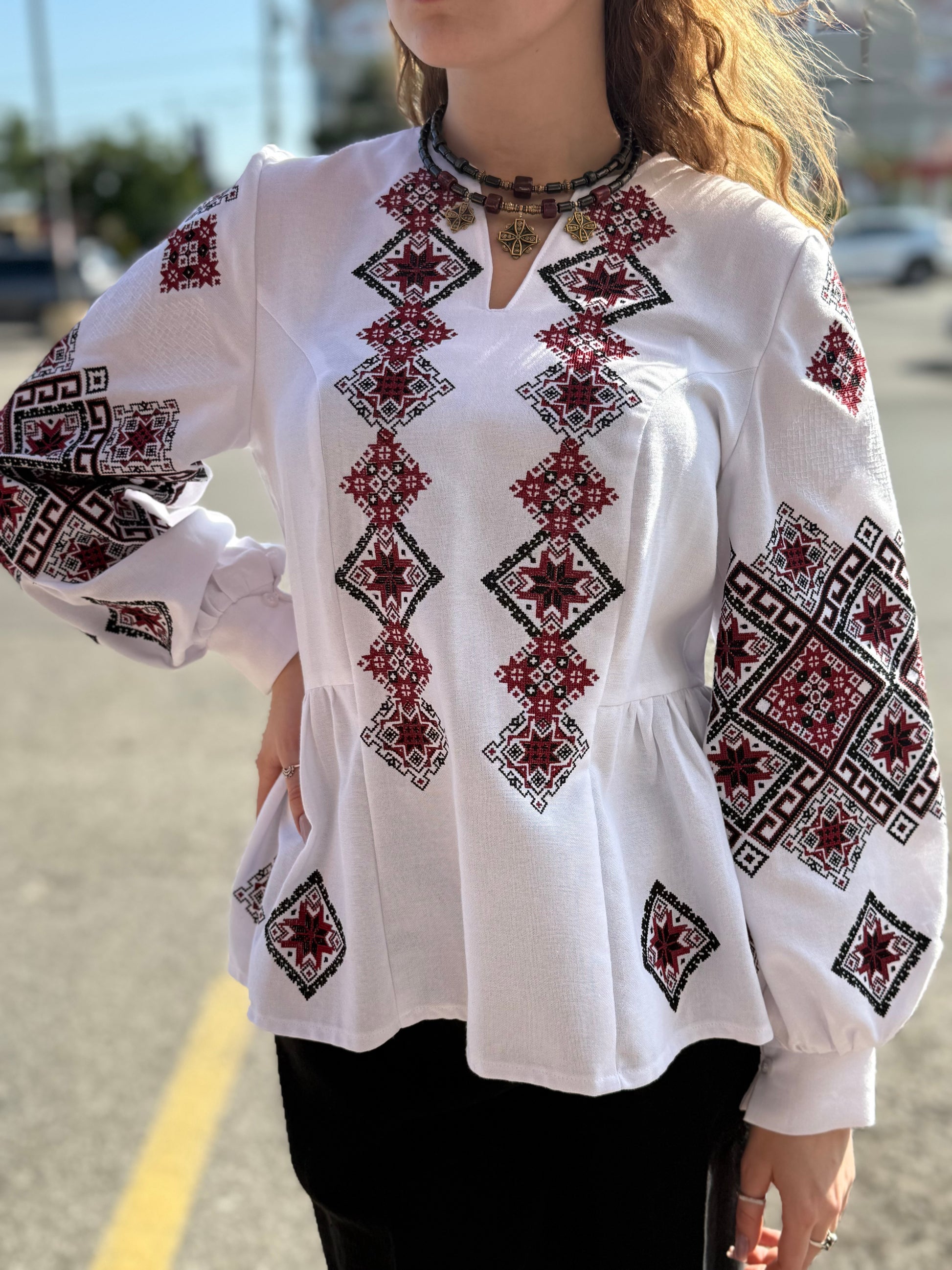 Women’s Embroidered Shirt "Red Star" – White Ukrainian Vyshyvanka with Red and Black Embroidery