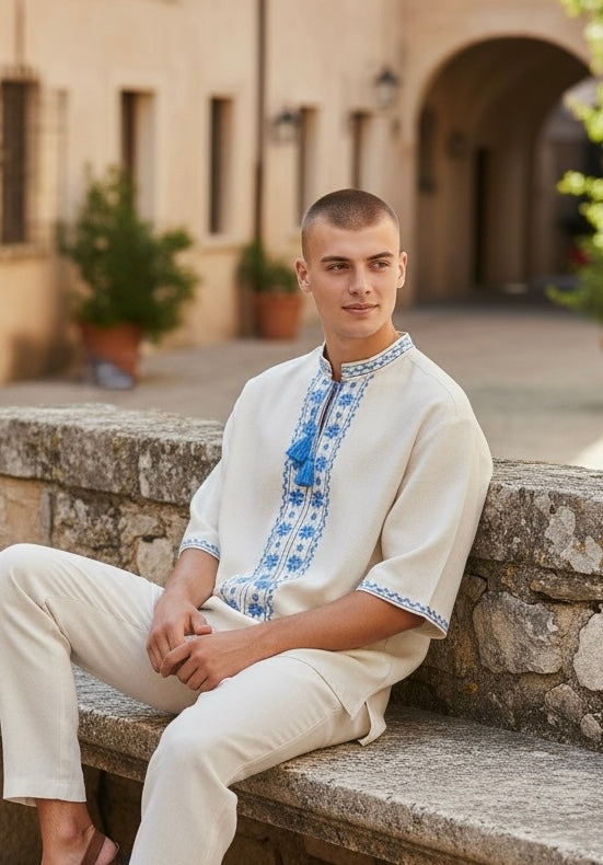 Men’s Linen Vyshyvanka With Traditional Embroidery Short Sleeve