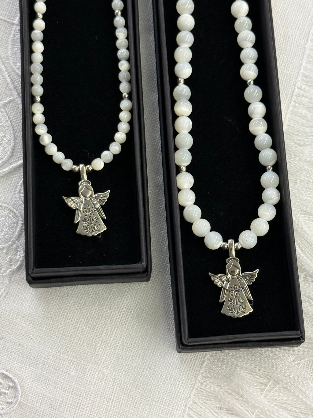 Mother of Pearl Necklace with “Angel” German Silver Pendant