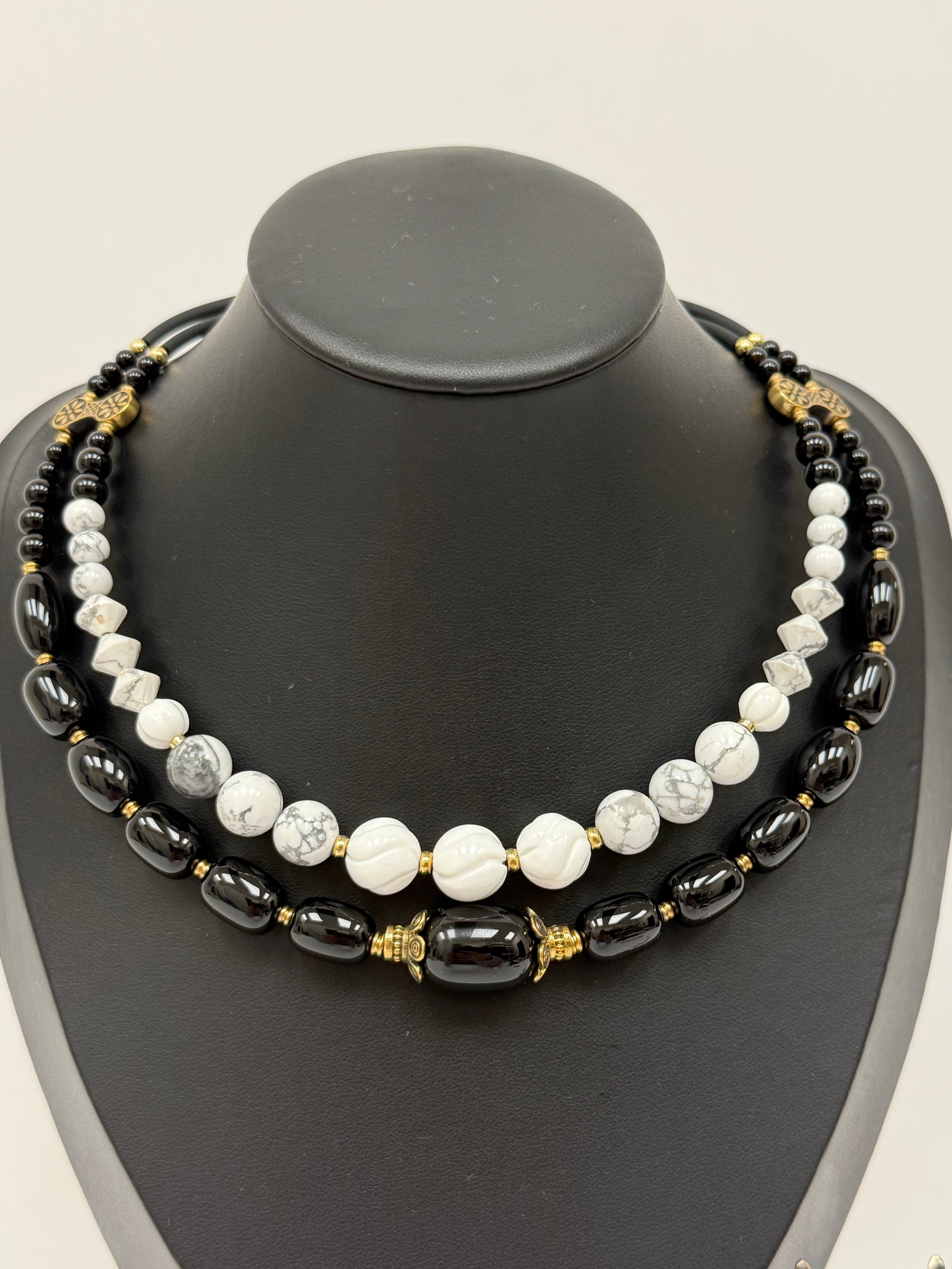 Double-Strand Choker – Black Agate, White Howlite & Brass Beads