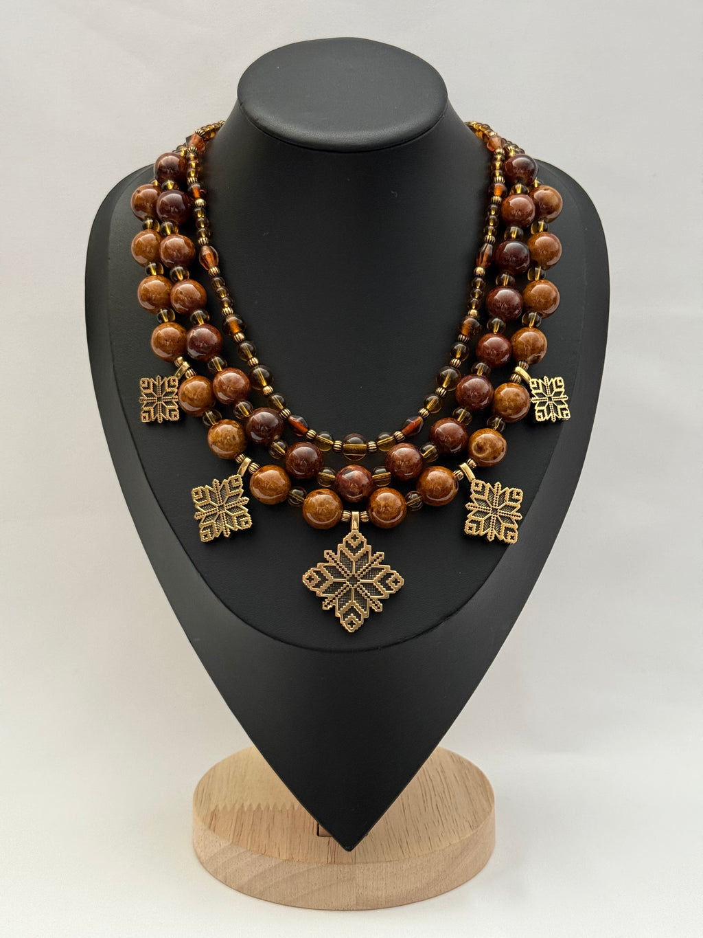 Three-Strand Necklace with Ceramic and Glass Beads and Brass Zgardas