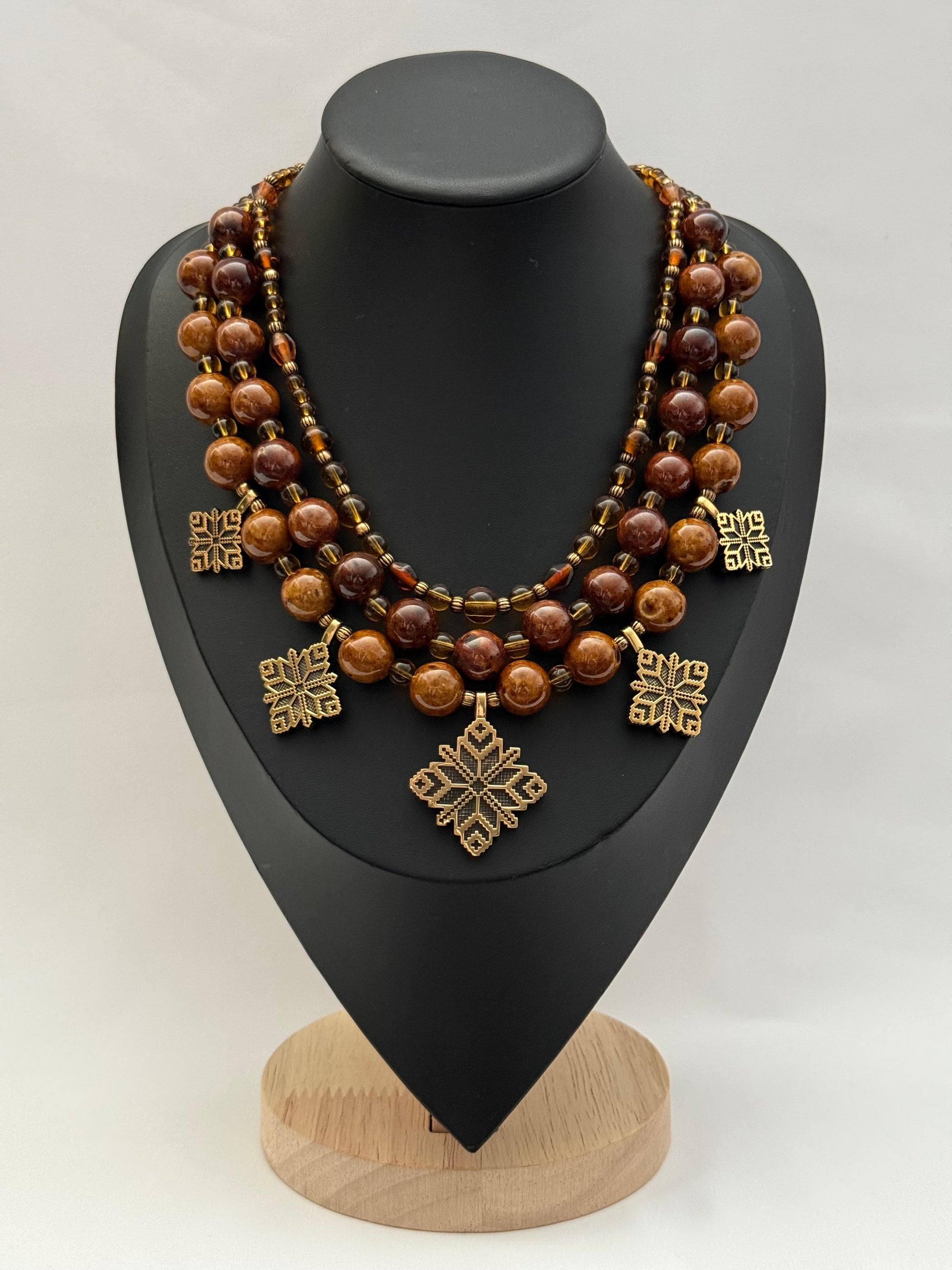 Three-Strand Necklace with Ceramic and Glass Beads and Brass Zgardas