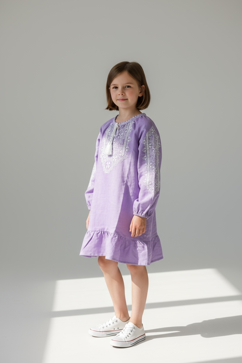 Girls Purple Linen Vyshyvanka Dress Long Sleeve In Ukrainian Traditions