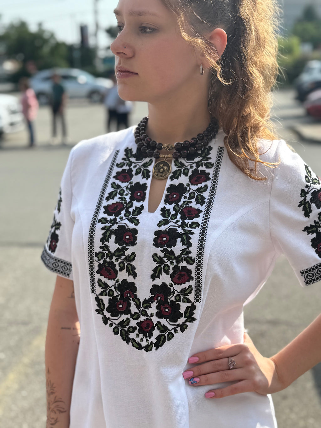 Women’s Embroidered Shirt "Festive" – Short Sleeve Ukrainian Vyshyvanka with Colorful Floral Embroidery