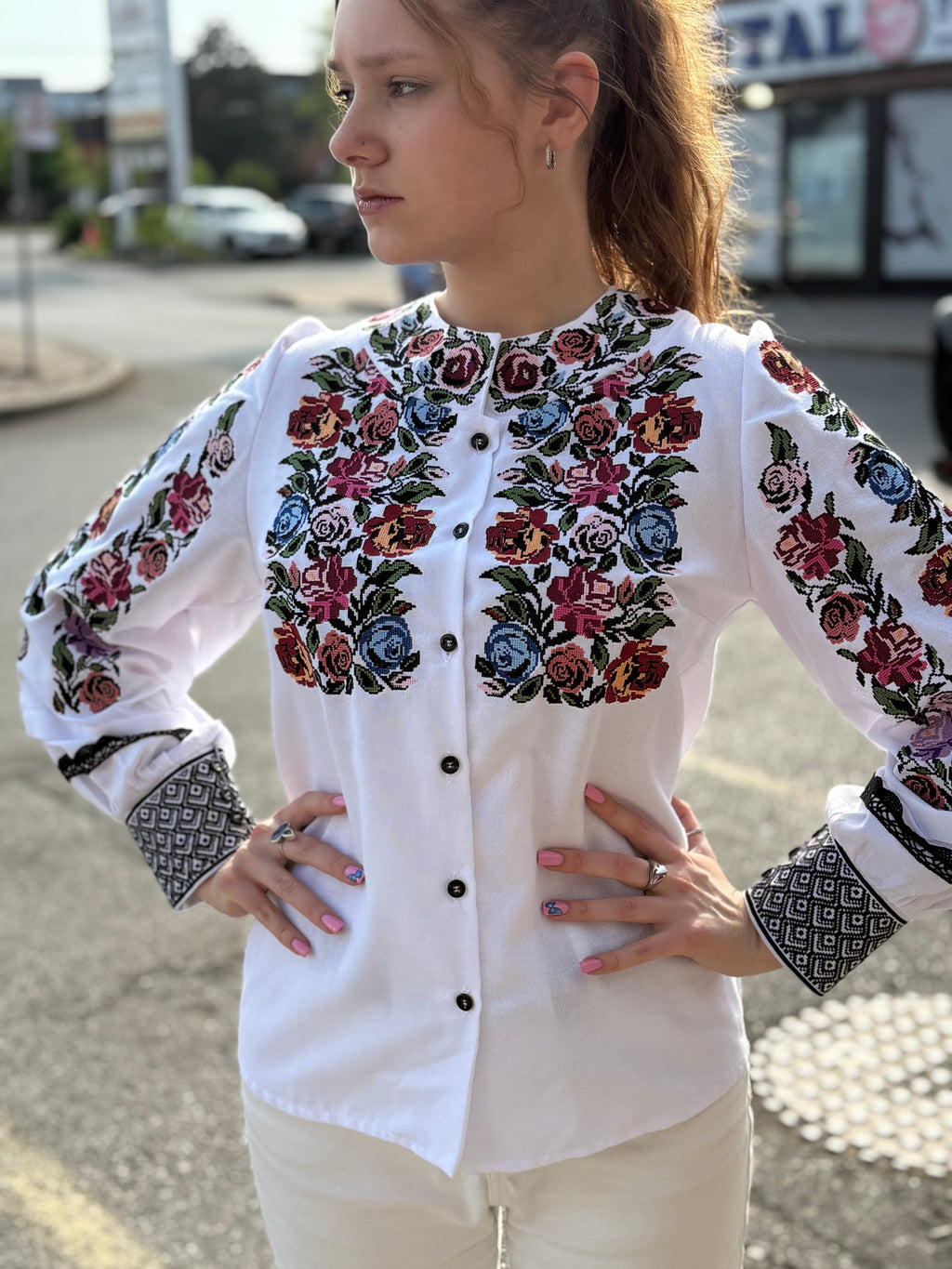 Women’s Embroidered Shirt "Rose" – White Ukrainian Vyshyvanka with Floral Motifs