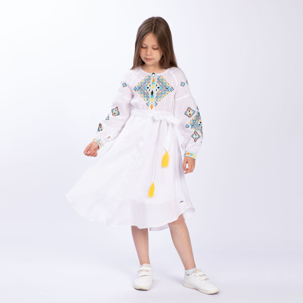 Girls’ White Linen Dress with Geometric Embroidery