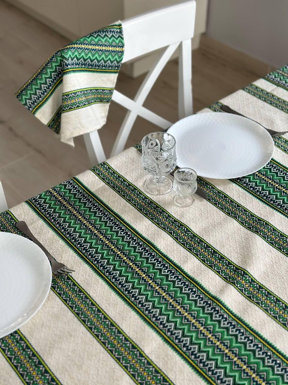 Woven Tablecloth With Traditional Ornament Green