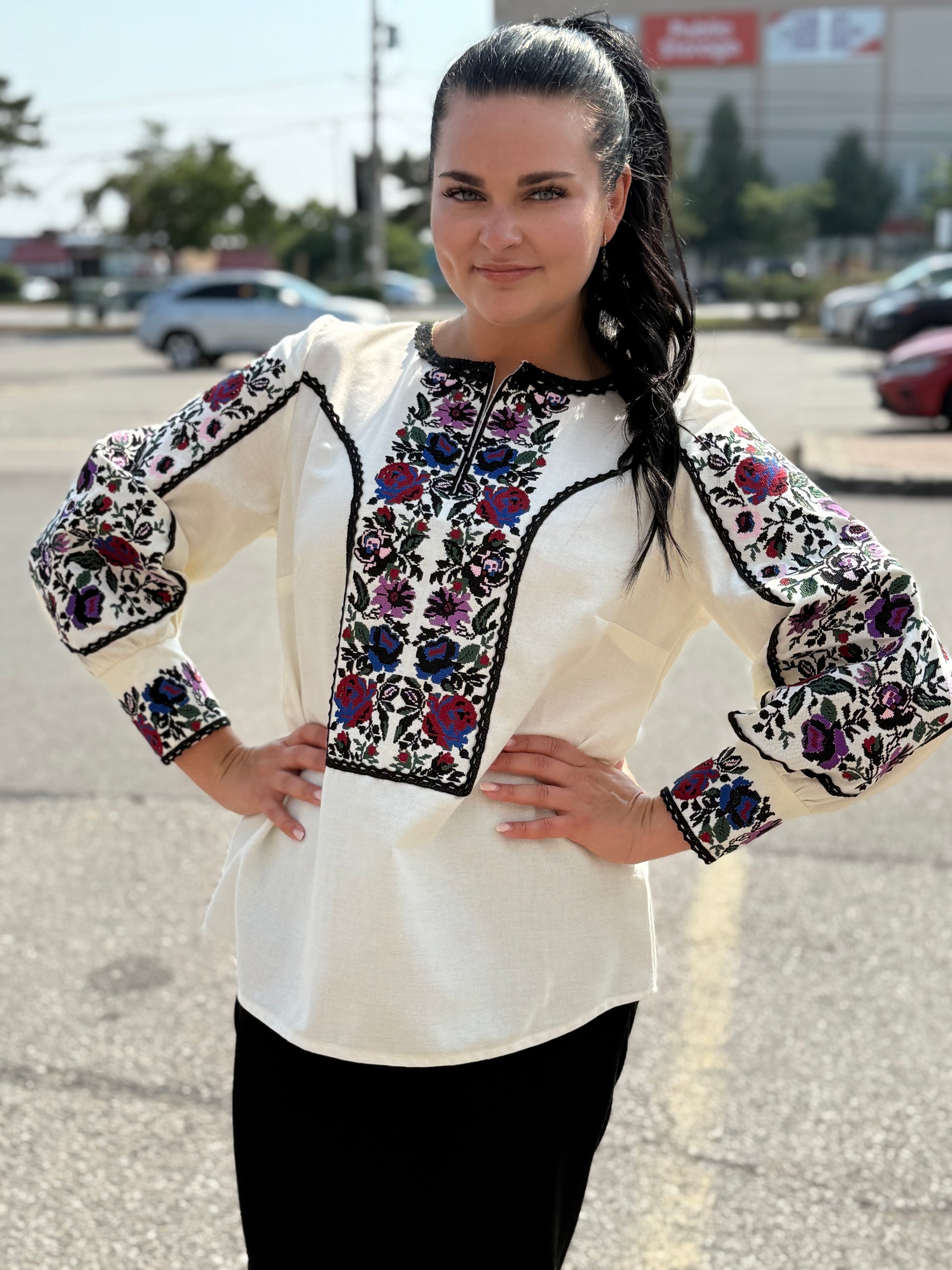 Women’s Embroidered Shirt "Kucheriava" – Crem Ukrainian Vyshyvanka with Floral Motifs
