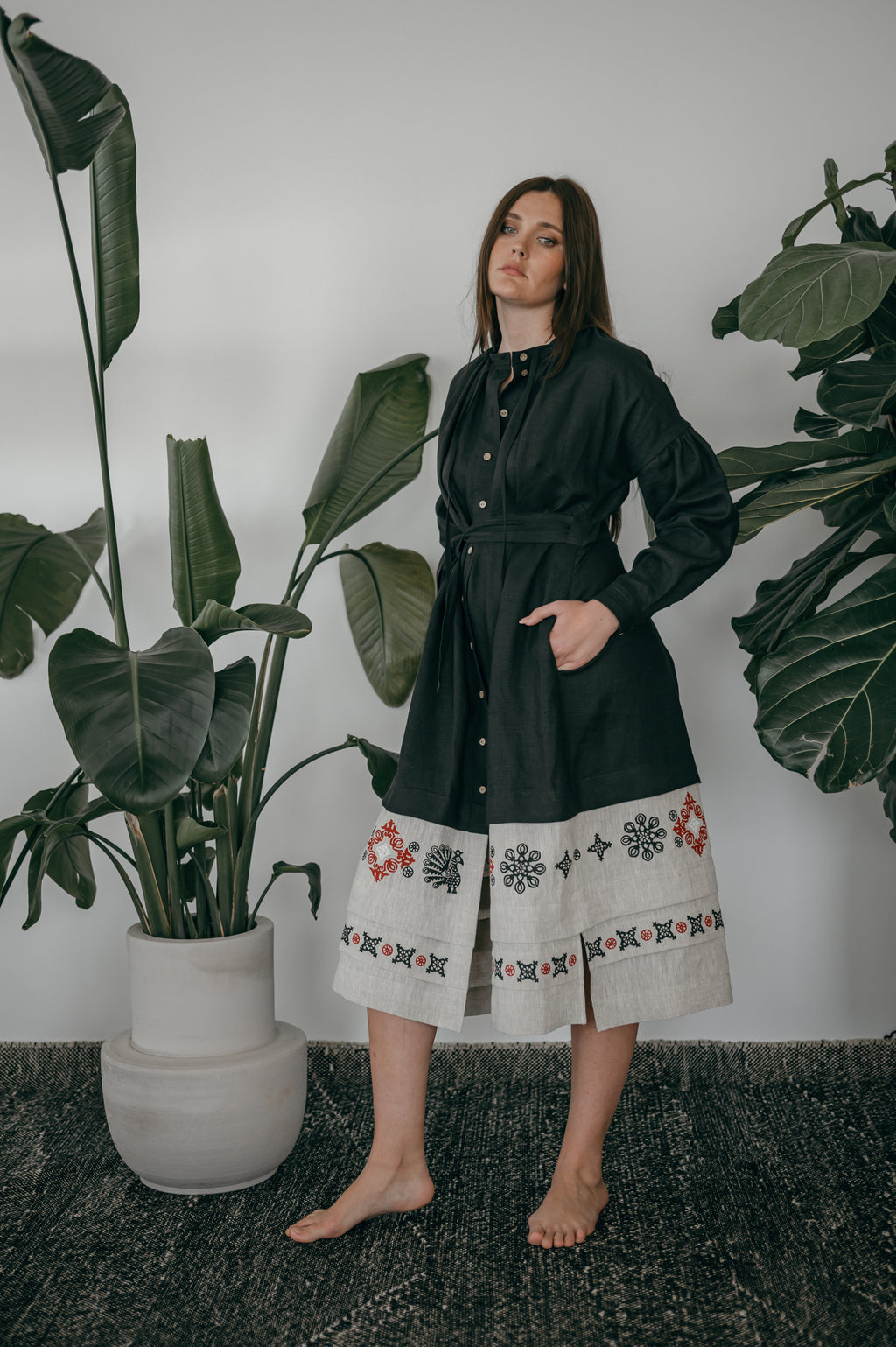 Black Ukrainian Midi Dress with Traditional Block Print