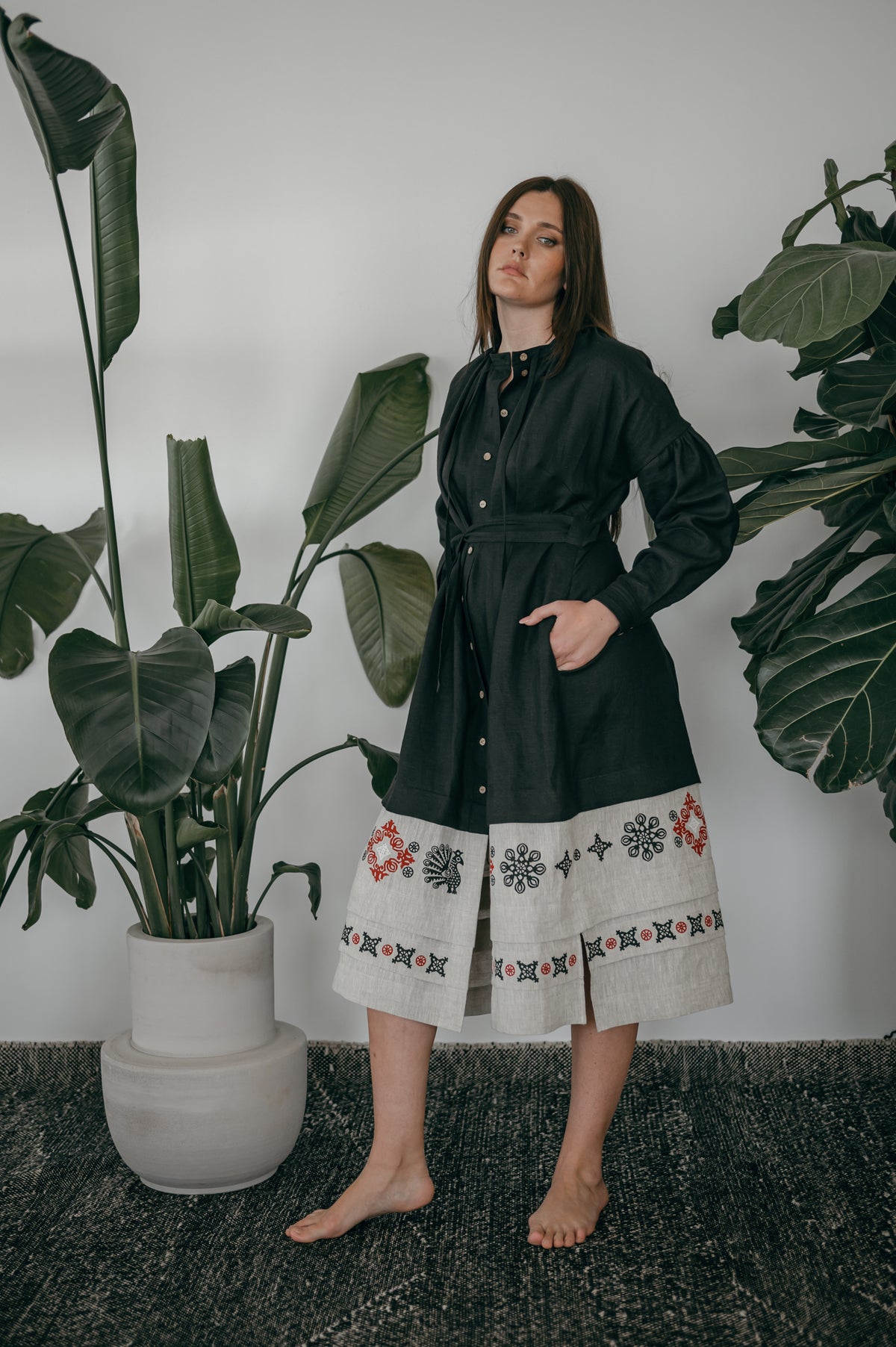 Black Ukrainian Midi Dress with Traditional Block Print