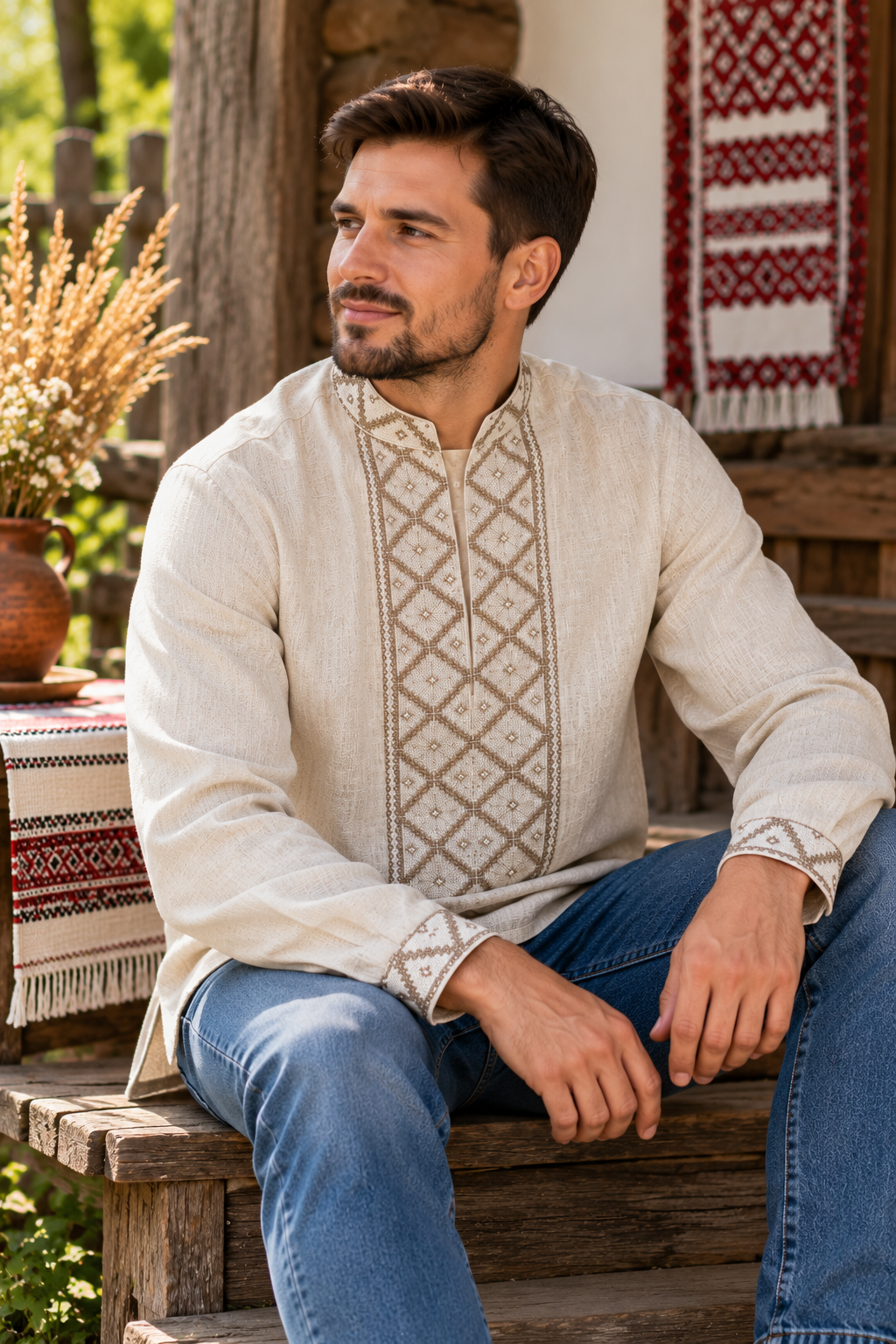 Men's Beige Linen Vyshyvanka with Geometric Embroidery