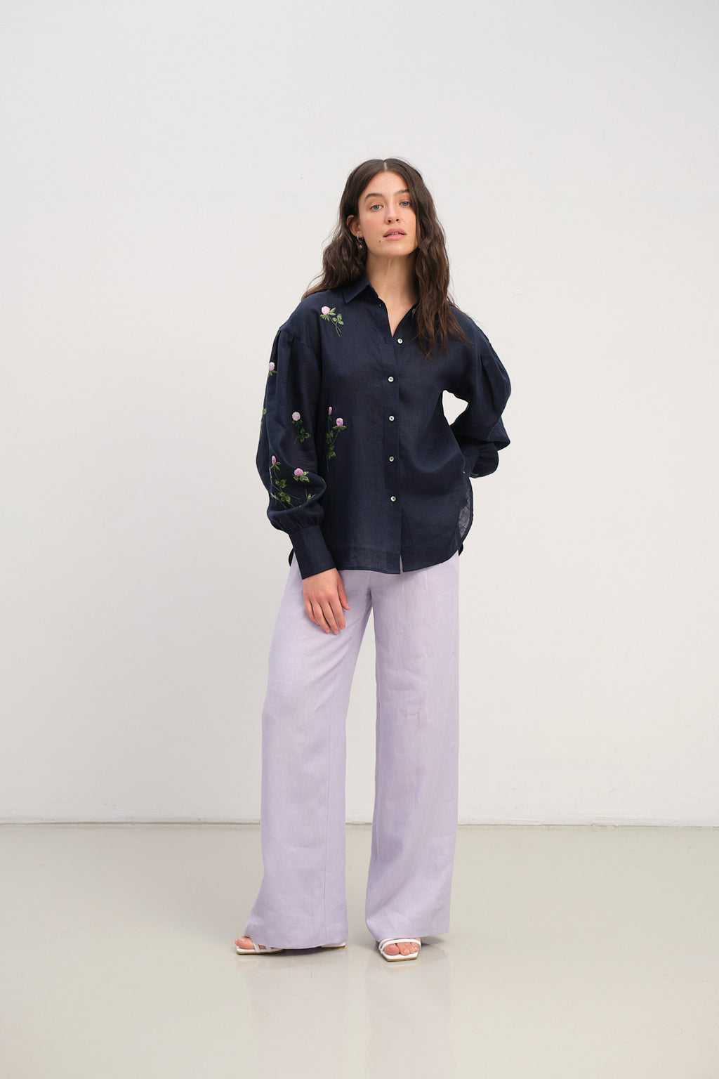 Dark Blue Linen Shirt with Puffy Sleeves and Hand-Embroidered Clover