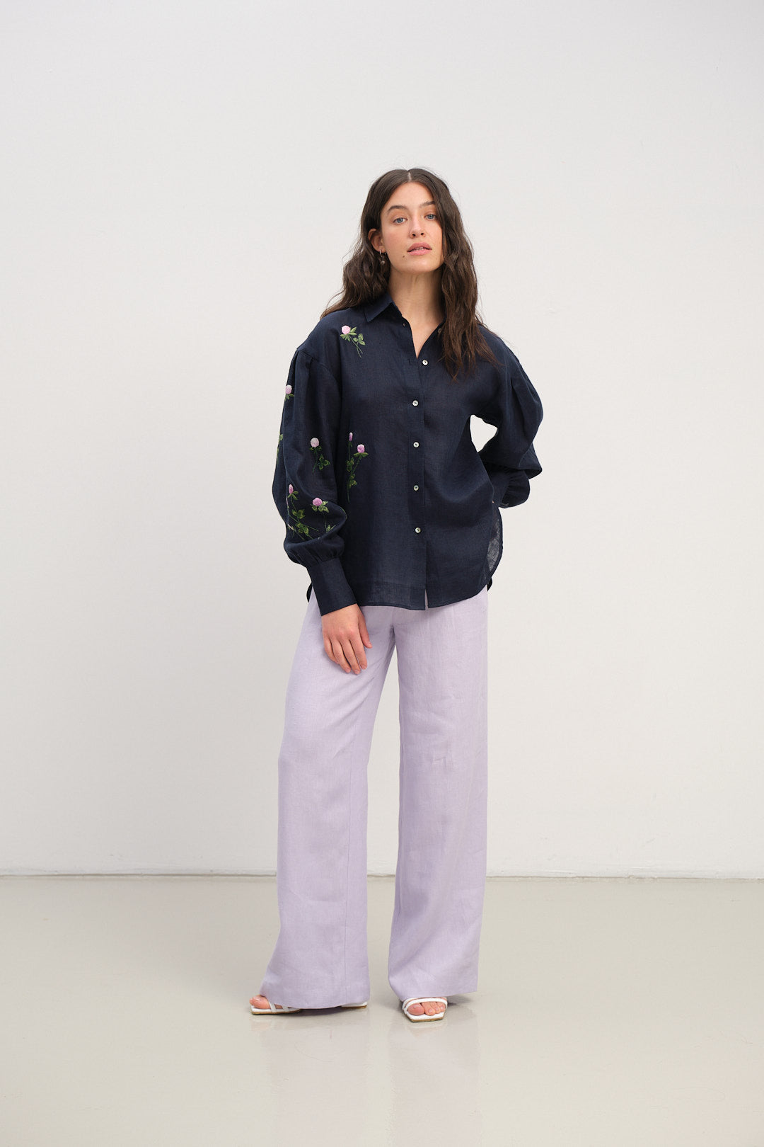 Dark Blue Linen Shirt with Puffy Sleeves and Hand-Embroidered Clover