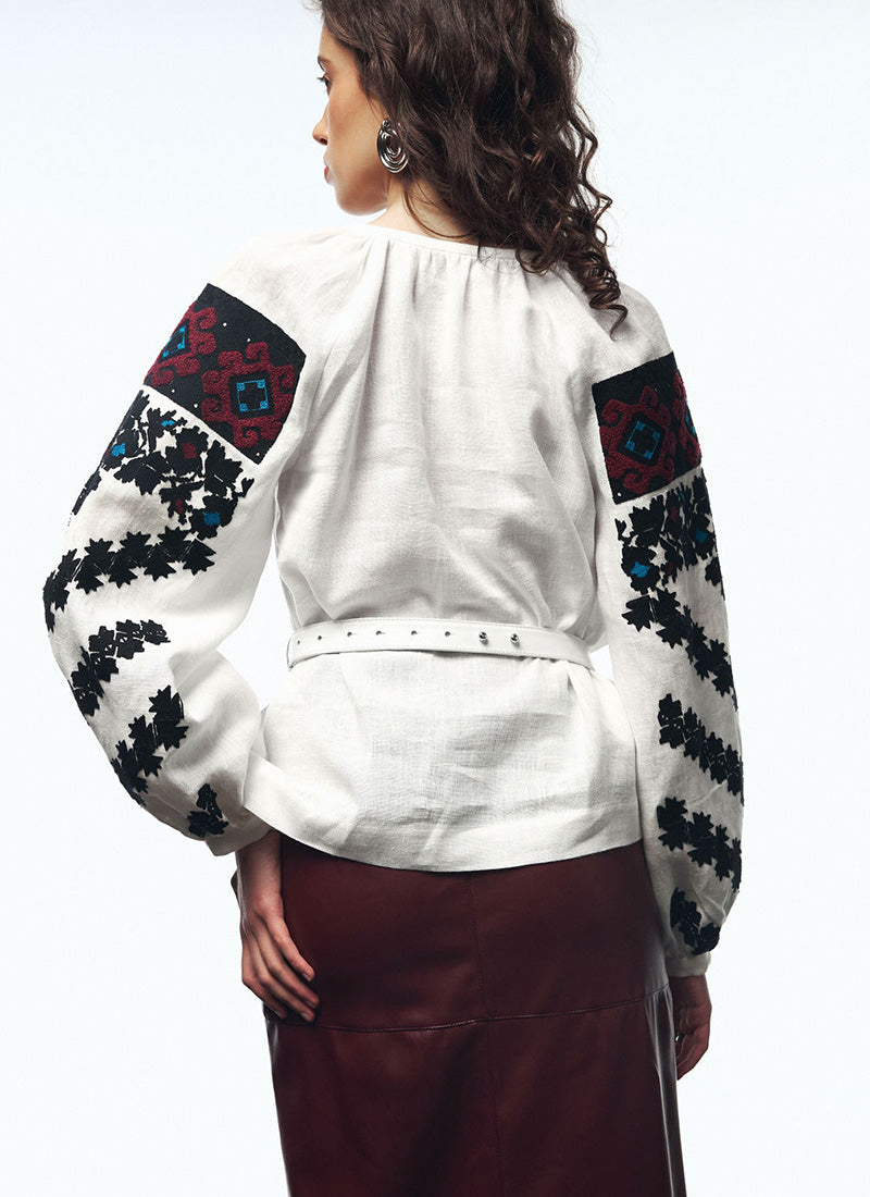Borshchiv Embroidered Linen Blouse with Statement Sleeves