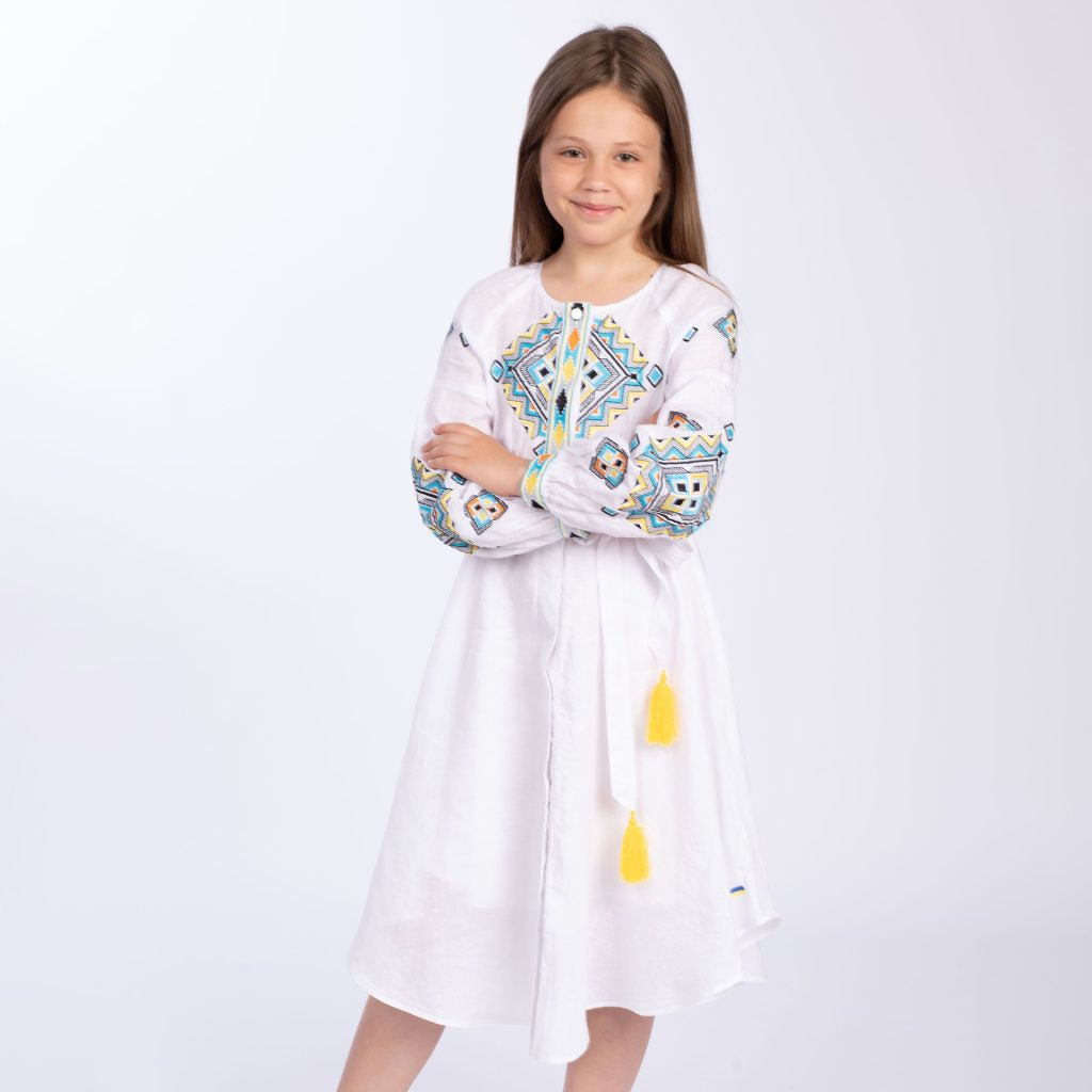 Girls’ White Linen Dress with Geometric Embroidery