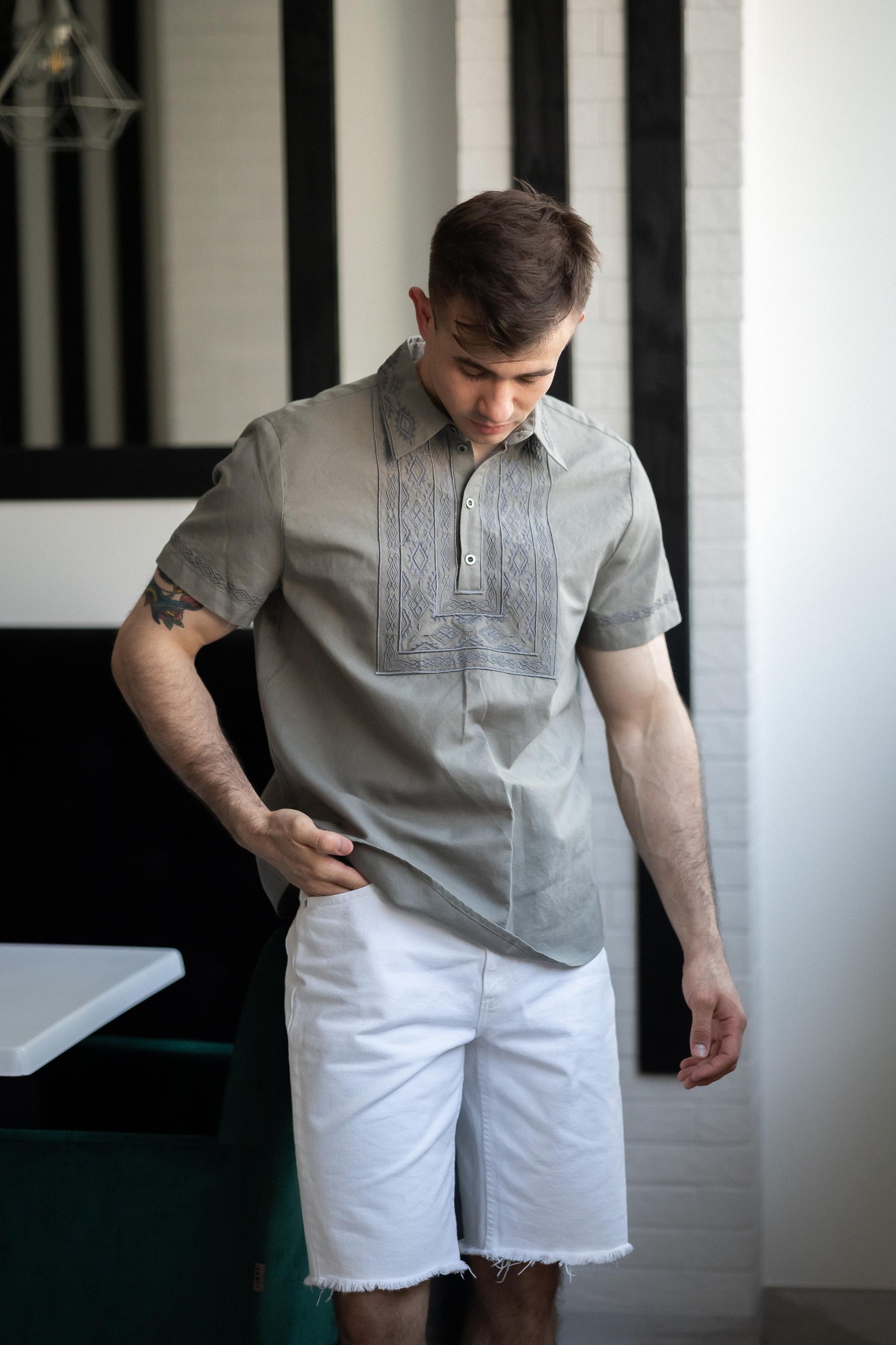 Men’s Khaki Cotton Embroidered Shirt (Short Sleeve)