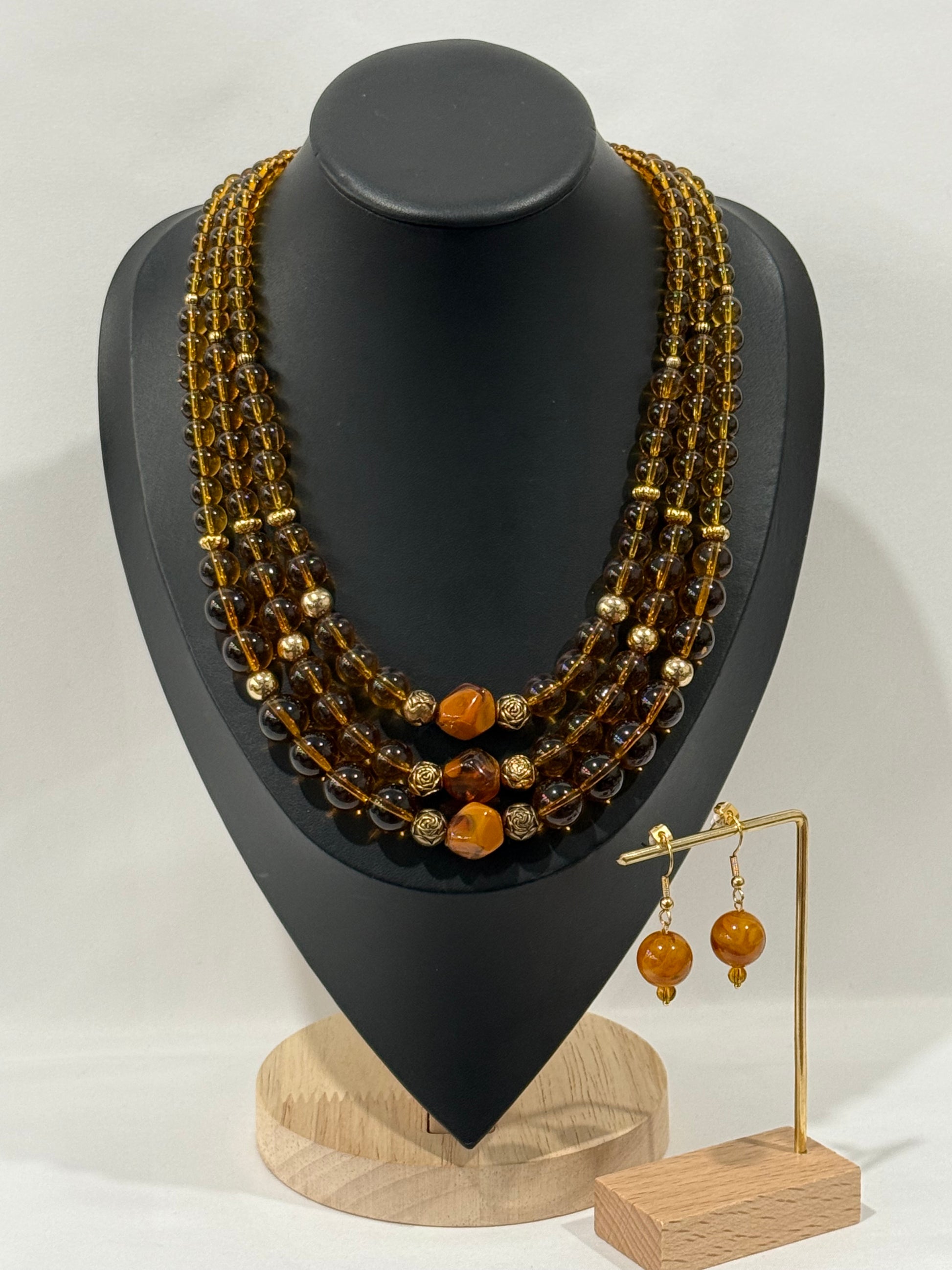 Triple-Strand Amber-Colored Necklace | Necklace & Earrings Set