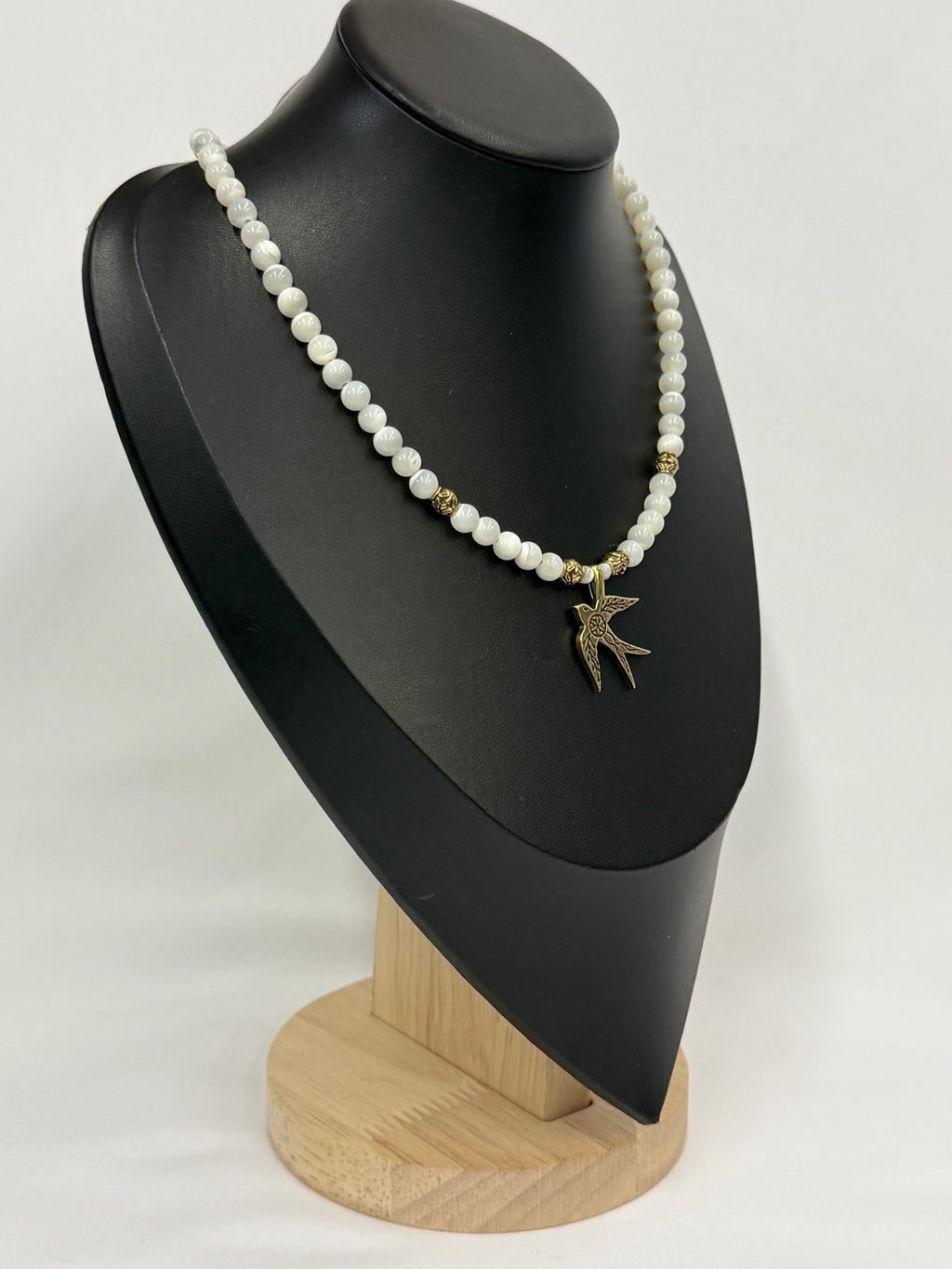 Mother of Pearl Necklace with “Swallow” Brass Pendant