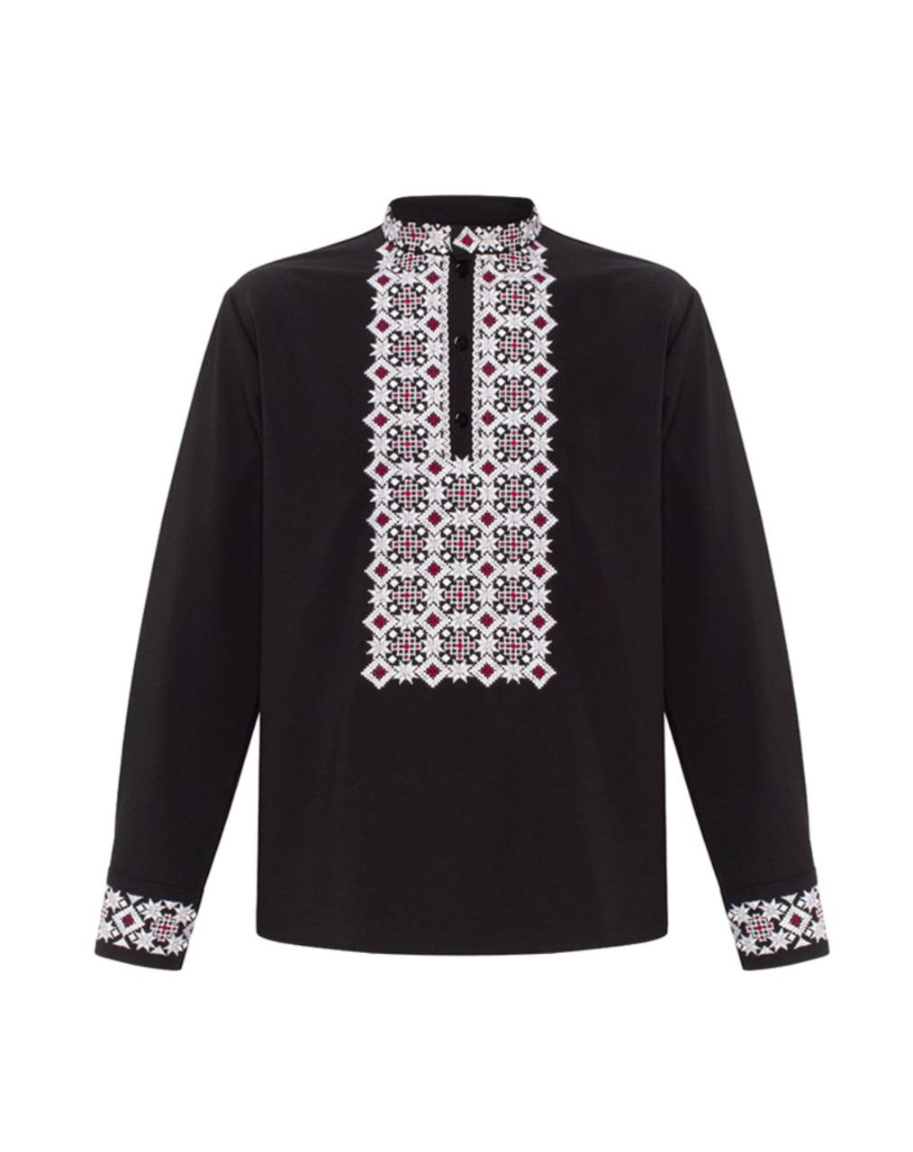 Men's Black Ukrainian Vyshyvanka “Burevii” with White & Burgundy Geometric Embroidery