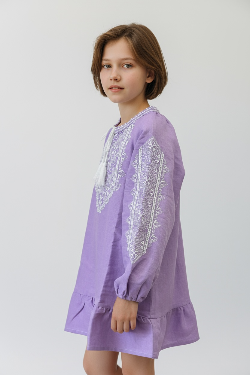 Girls Purple Linen Vyshyvanka Dress Long Sleeve In Ukrainian Traditions