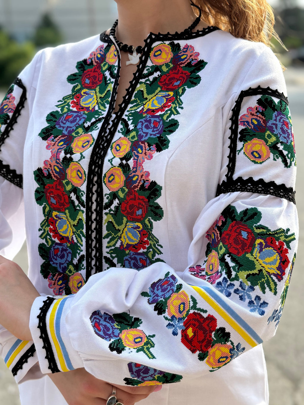 Women’s Embroidered Shirt "Patriotic" – White Ukrainian Vyshyvanka with Floral Motifs
