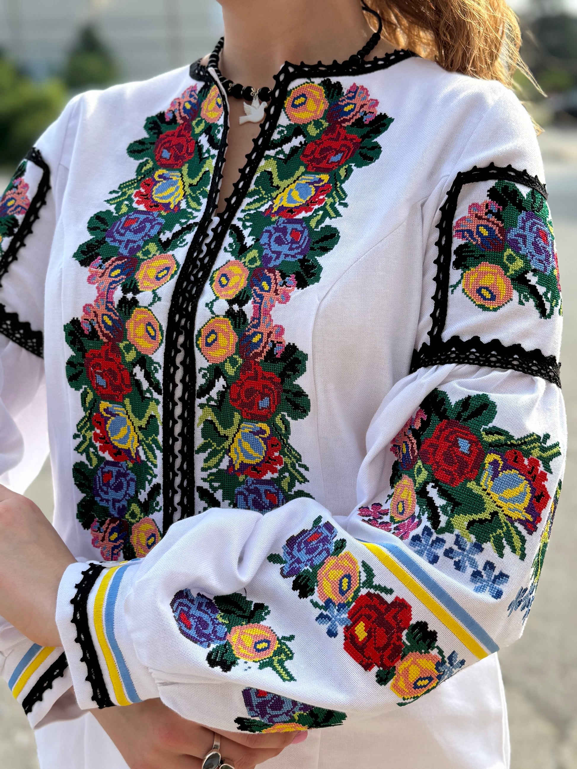 Women’s Embroidered Shirt "Patriotic" – White Ukrainian Vyshyvanka with Floral Motifs