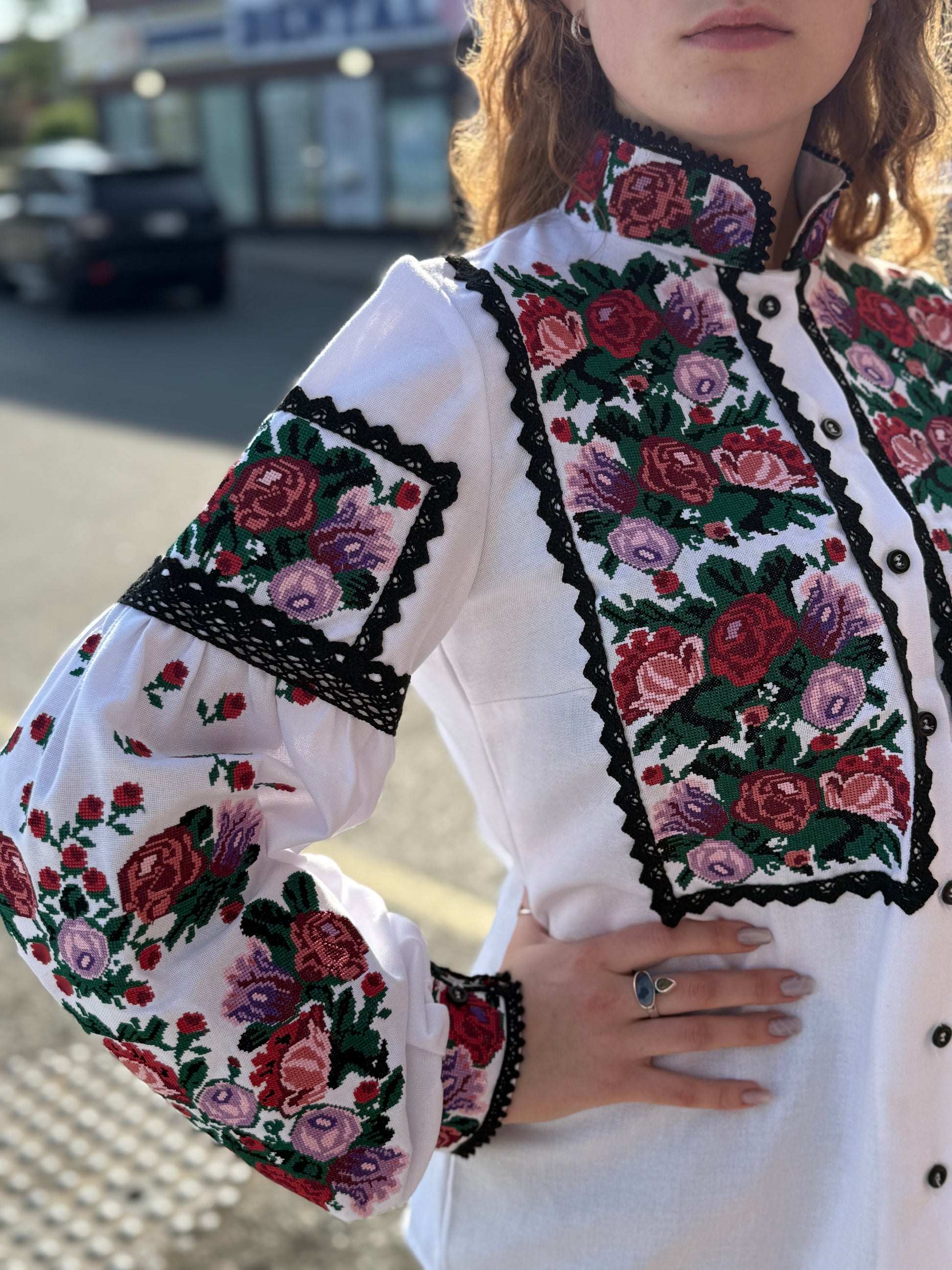 Women’s Embroidered Shirt – Colorful Ukrainian Vyshyvanka with Red Stand Collar
