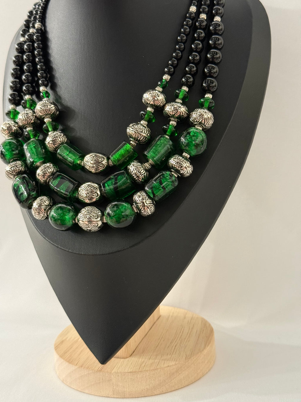 Triple-Strand Luxury Necklace in Vintage Murano Green Glass | Three Strands