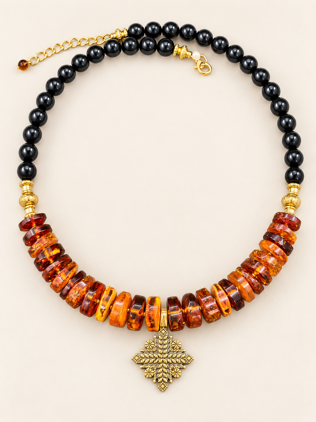 Amber & Black Onyx Choker with Brass Pendant