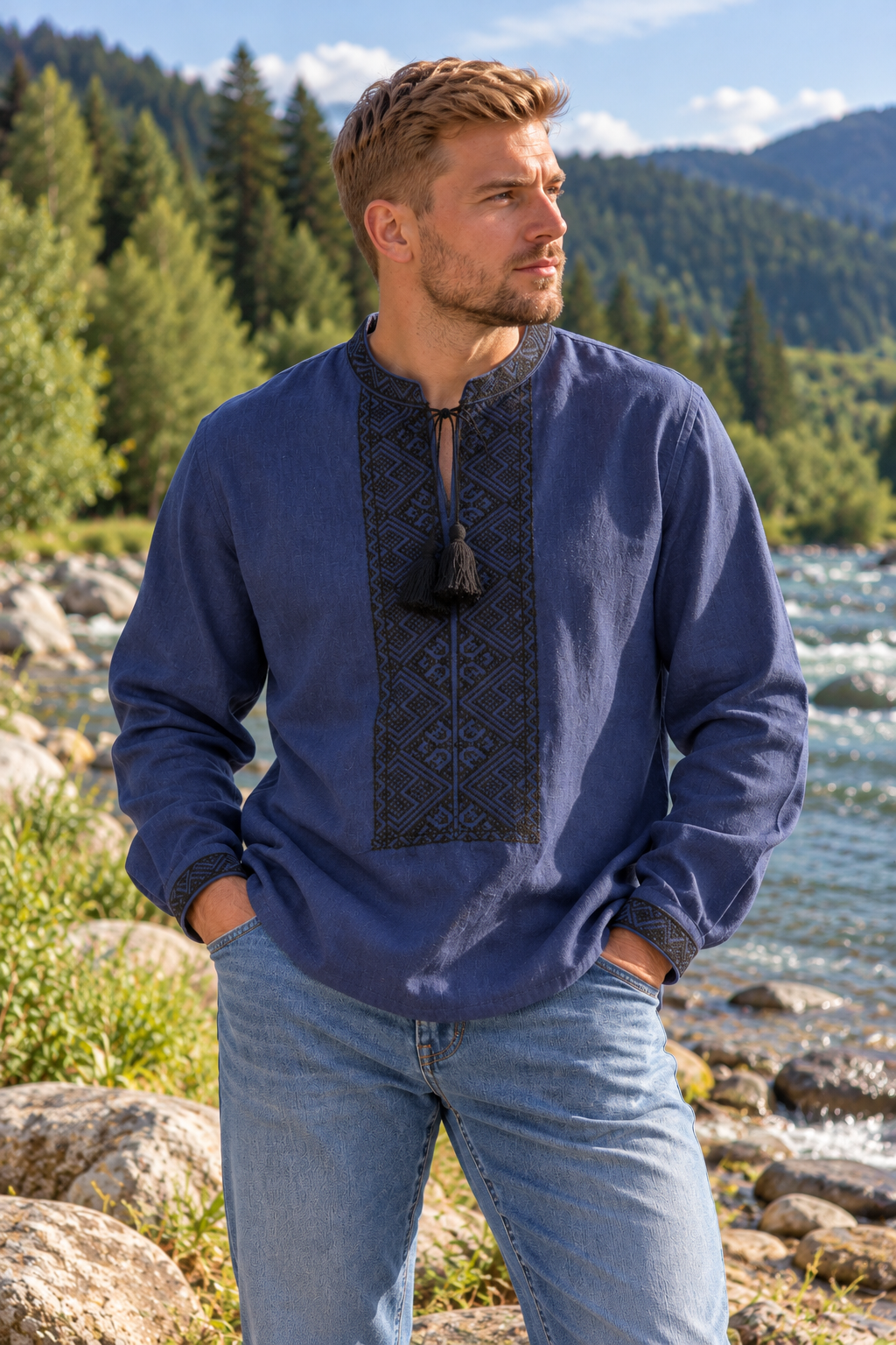 Men's Dark Blue Ukrainian Vyshyvanka with Black Geometric Embroidery