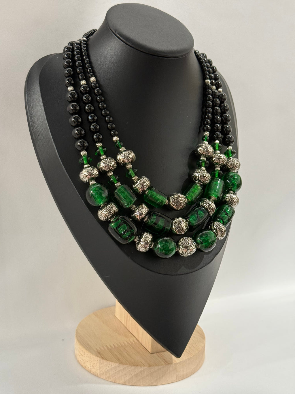Triple-Strand Luxury Necklace in Vintage Murano Green Glass | Three Strands
