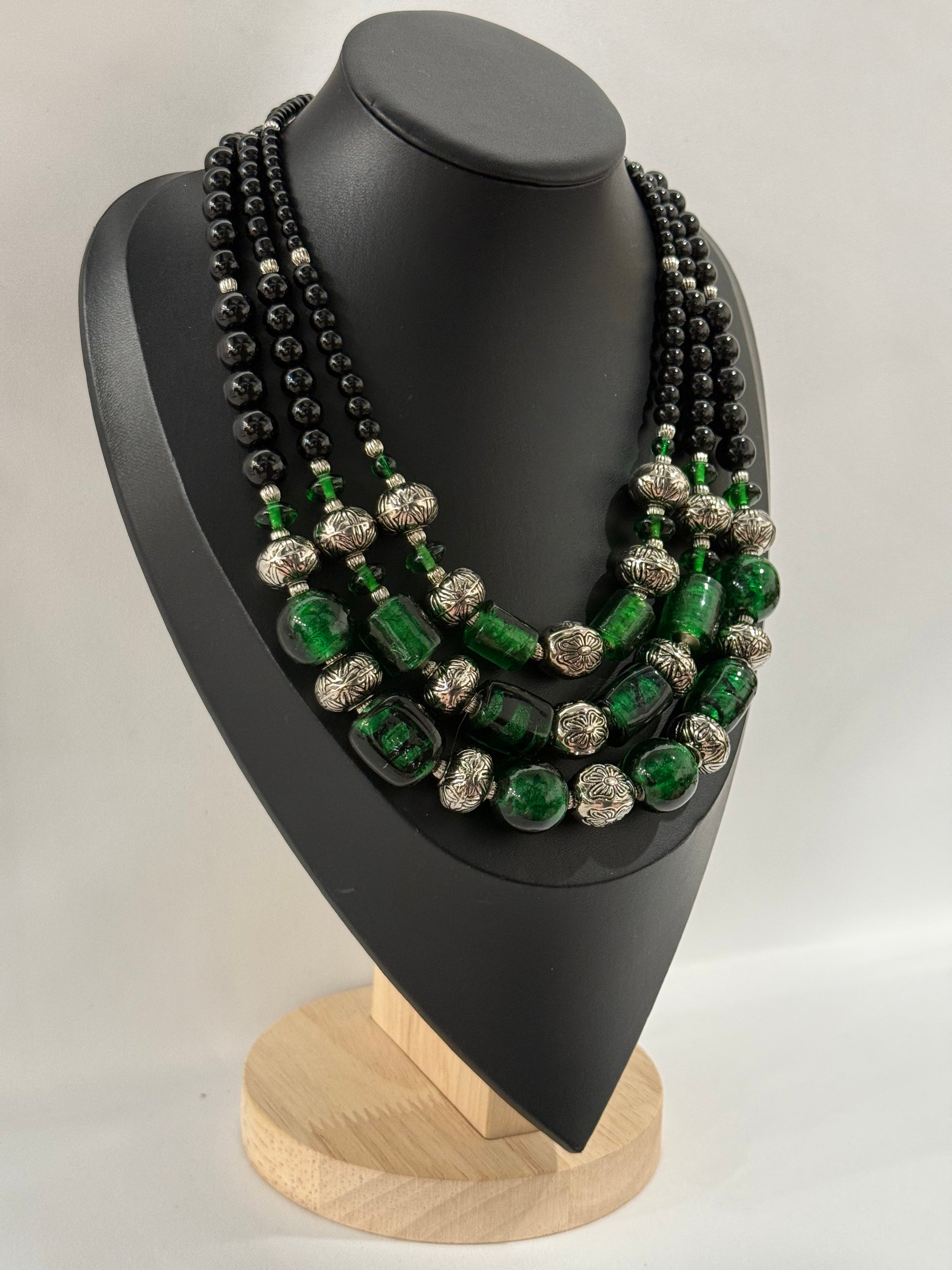 Triple-Strand Luxury Necklace in Vintage Murano Green Glass | Three Strands