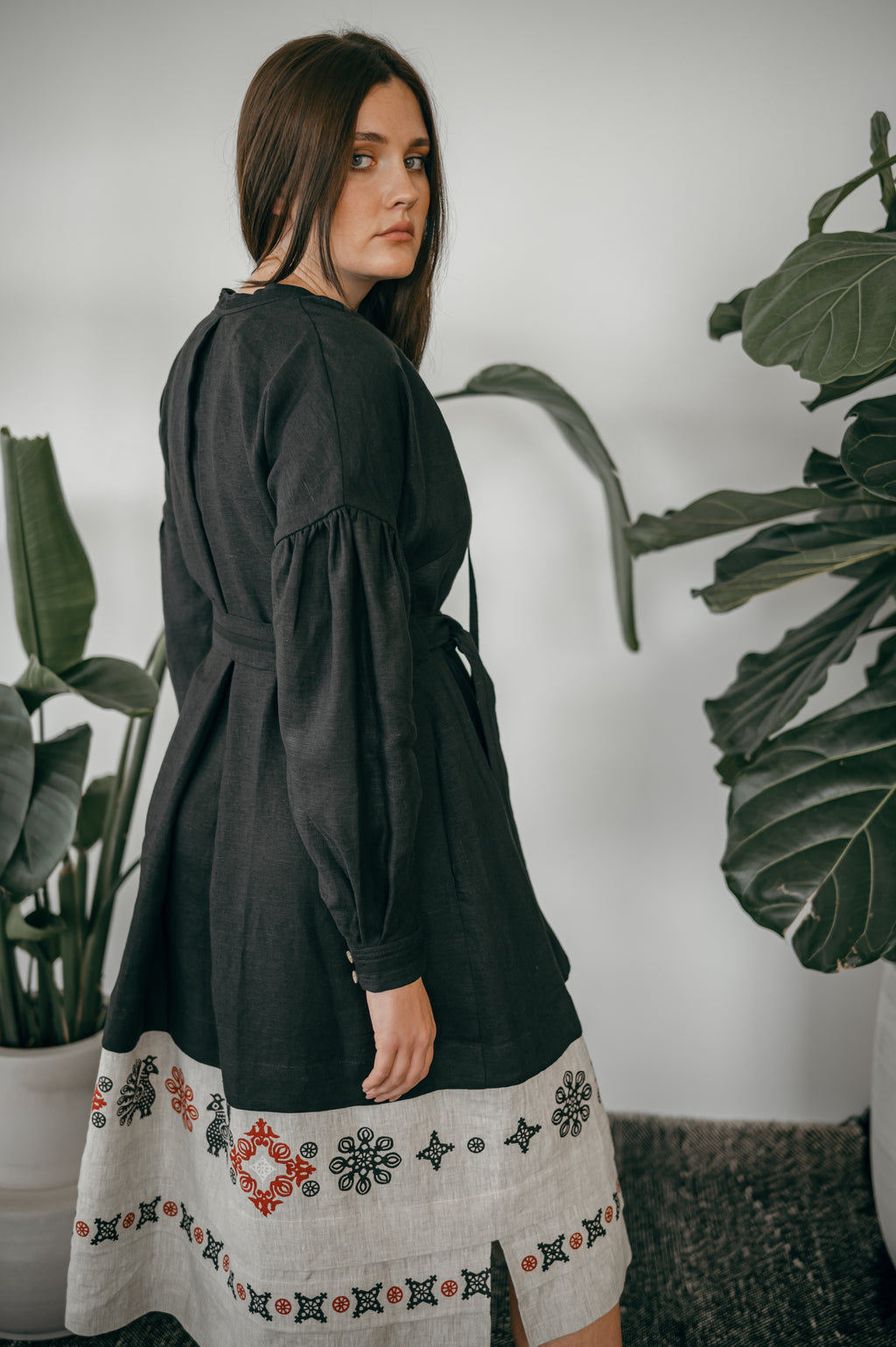Black Ukrainian Midi Dress with Traditional Block Print