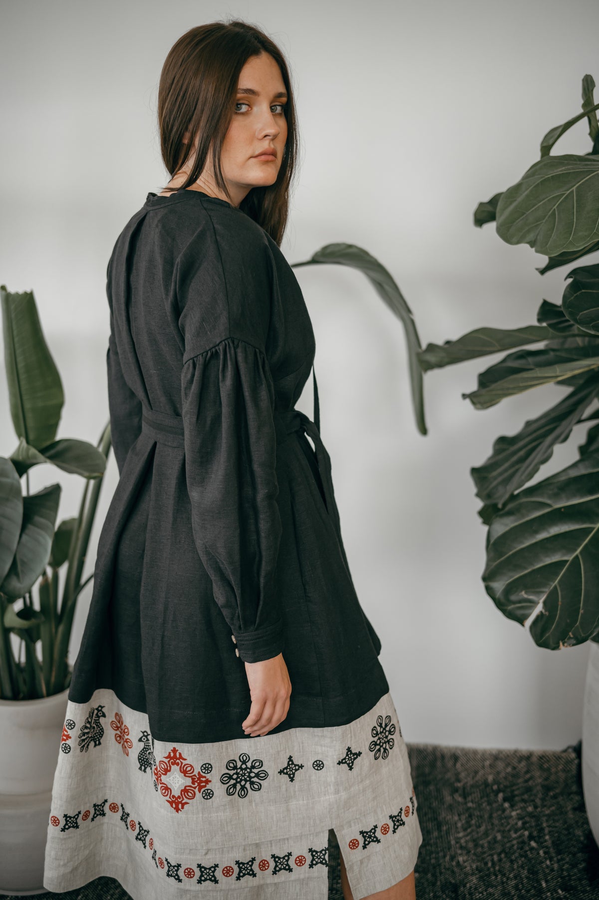 Black Ukrainian Midi Dress with Traditional Block Print