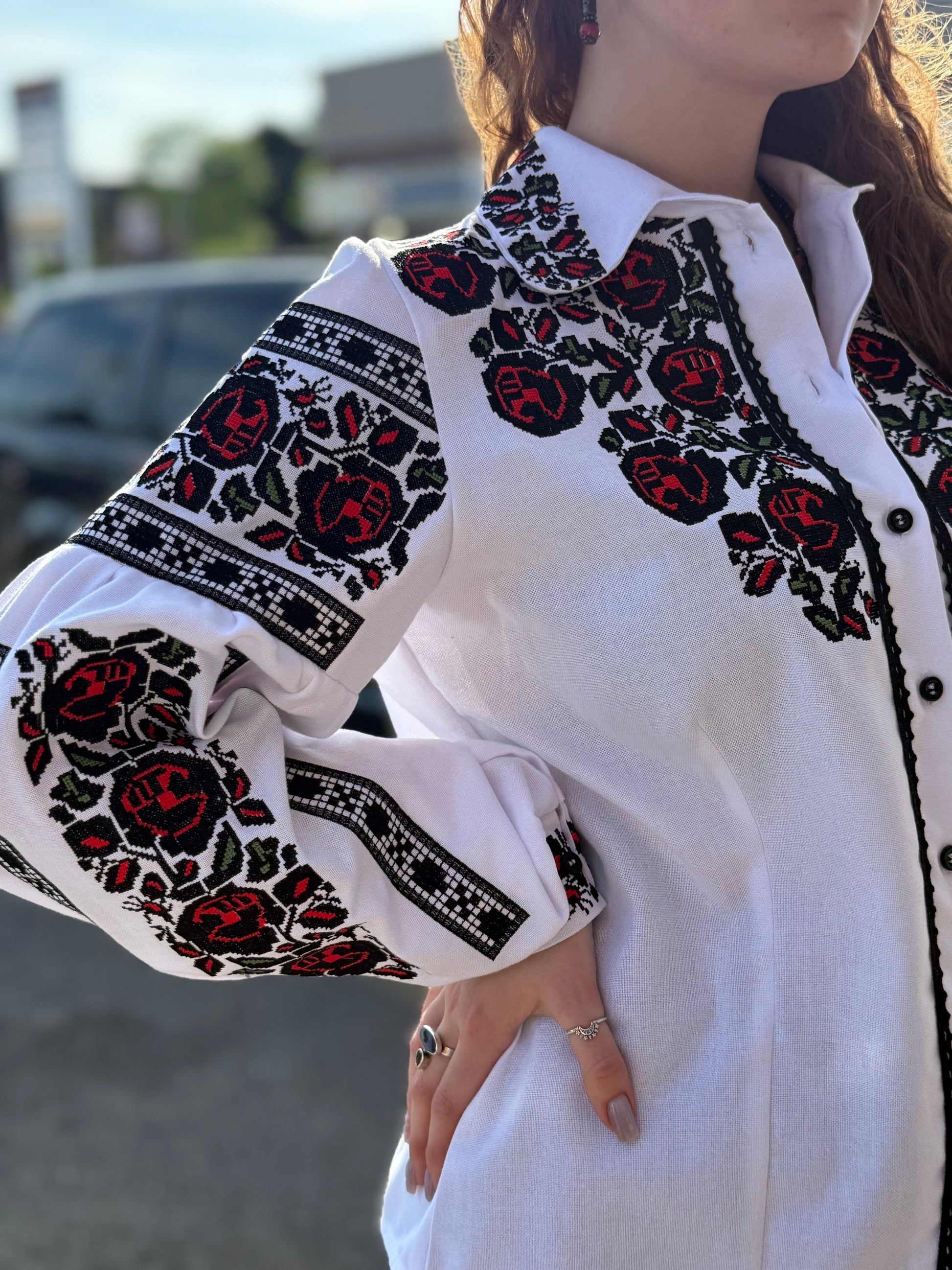 Women’s Embroidered Shirt "Bud" – White Ukrainian Vyshyvanka with Red and Black Rose Embroidery