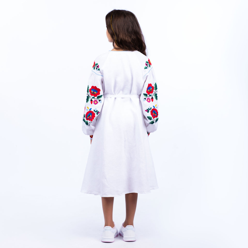 Girls’ White Linen Dress with Floral Embroidery