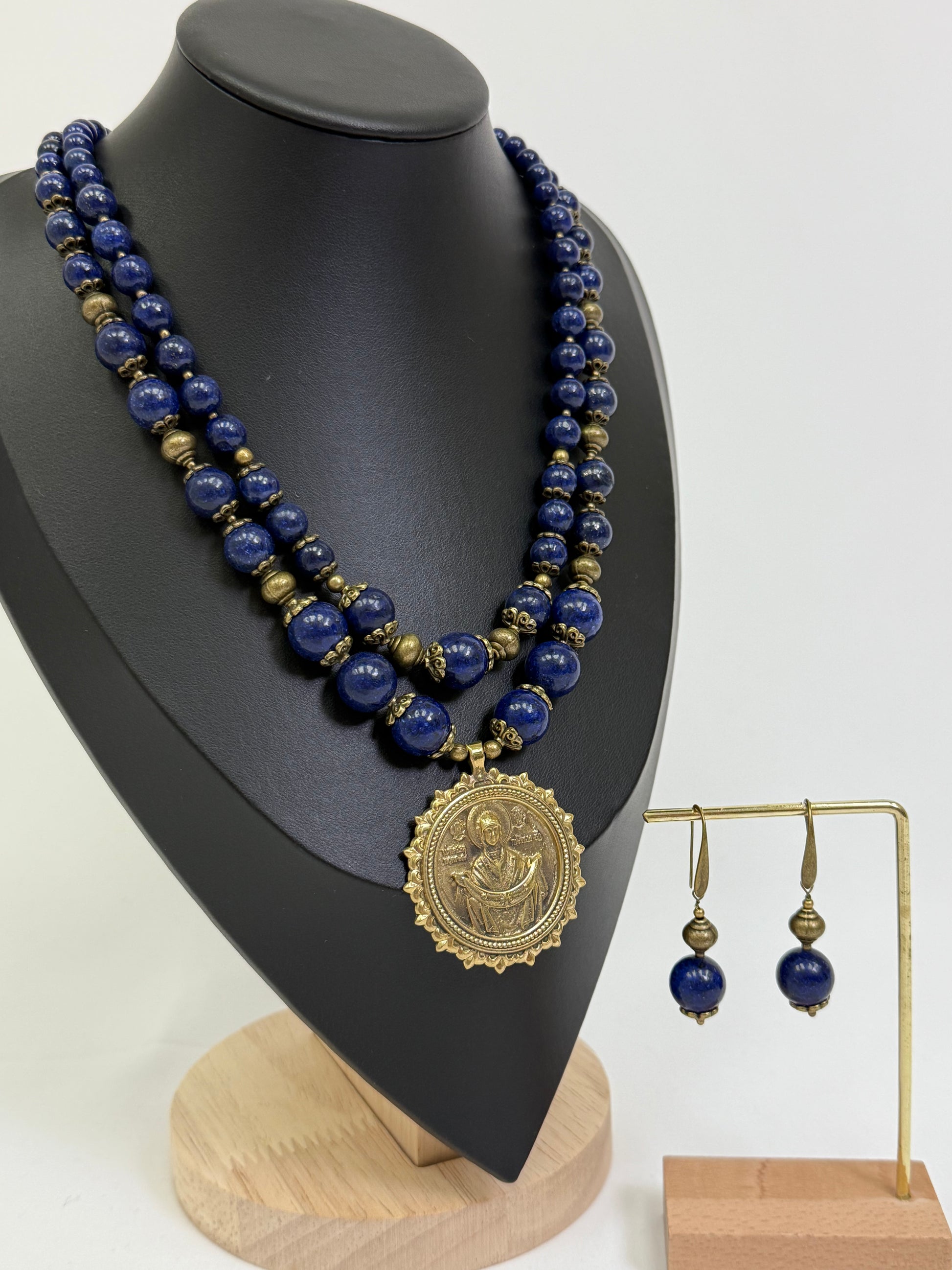 Natural Blue Stone Necklace with a Brass Pendant of the "Pokrovy Bohorodytsy"