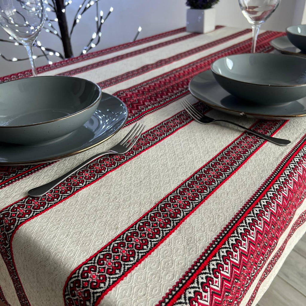 Woven Tablecloth With Traditional Ornament Red