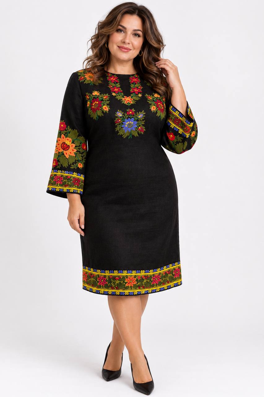 Black Ukrainian Embroidered Midi Dress with Colourful Floral Embroidery