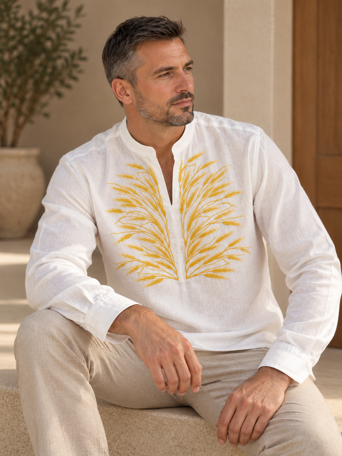 Men's White Ukrainian Embroidered Shirt with Golden Wheat Motifs