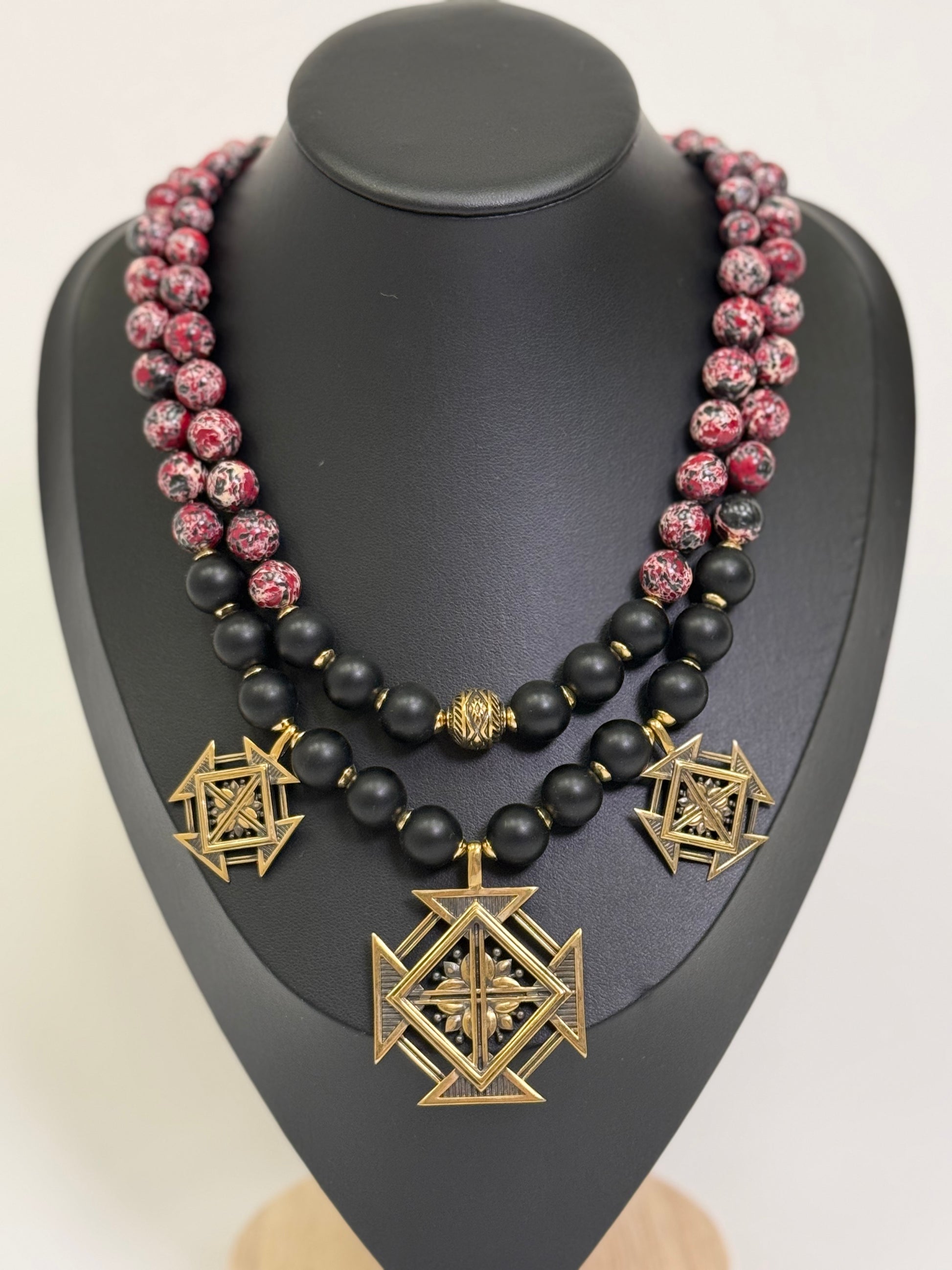 Natural Burgundy-Black Stone Necklace with Brass 'Khrestovi' Zgardas